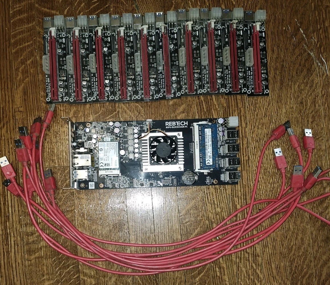 Rebtech 8 GPU MB, 2x 120-240v PSU, Power Cables, PCI Risers, Mining Frame