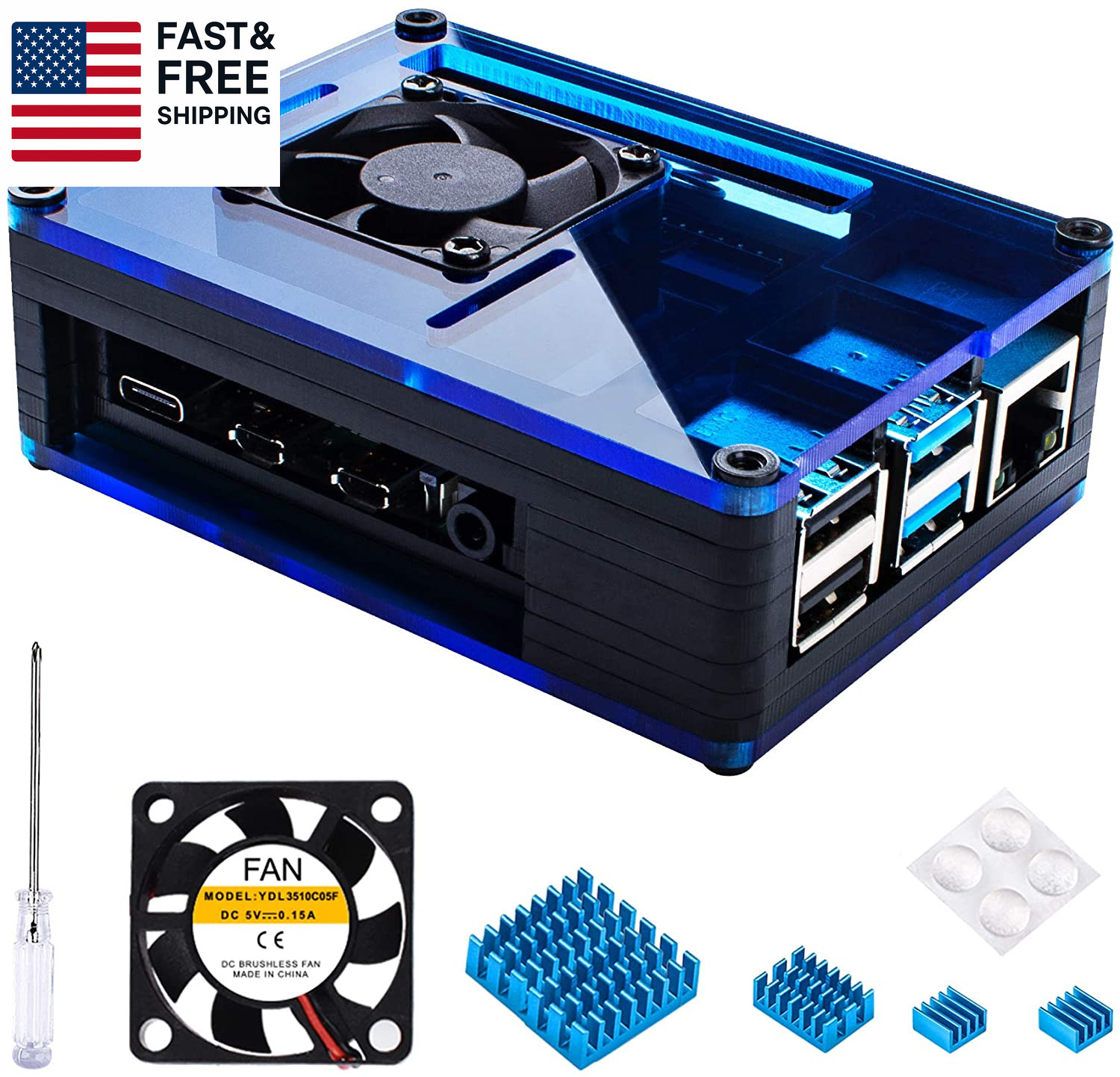 Raspberry Pi 4 Case with Fan Cooling , 4 Pcs Aluminum Heat Sinks , Case for Ras