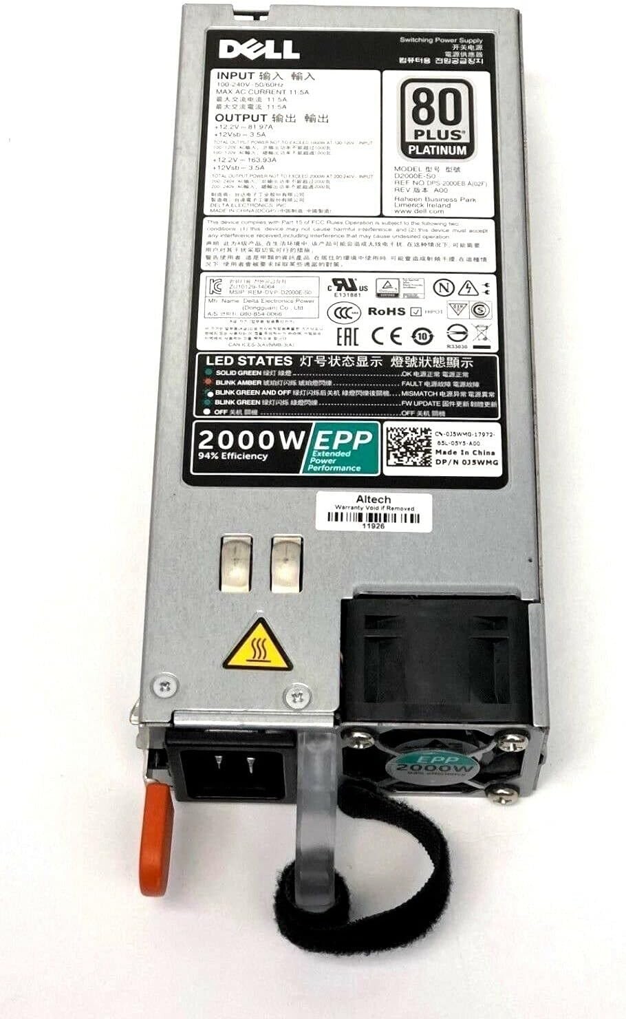 NEW OEM Dell 2000W 80 Plus Platinum D2000E-S0 Power Supply 0J5WMG 2000W 12V 2KW