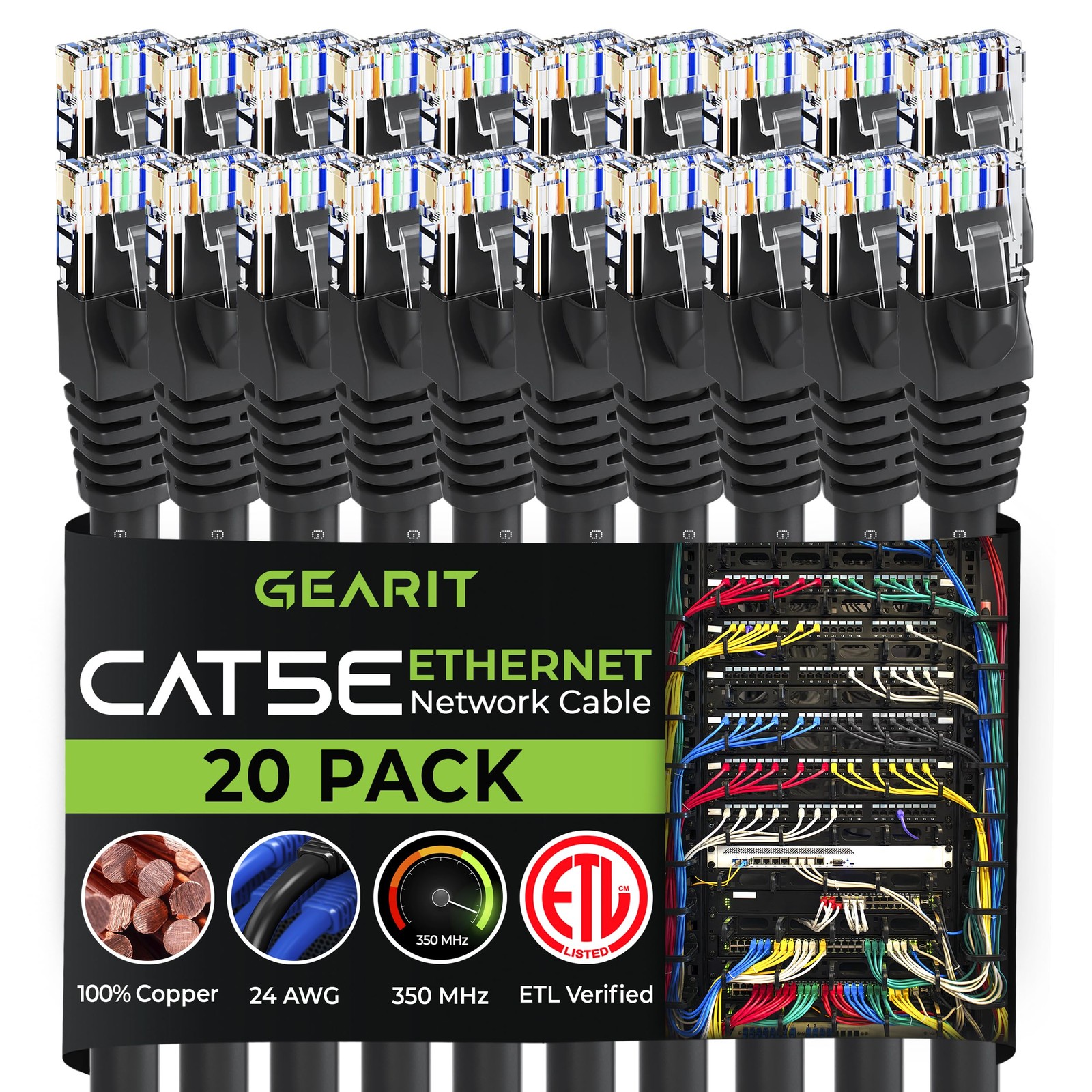 20 PCS Cat5e Ethernet Patch Cable 5 FT Snagless RJ45 Computer Network Cord Black