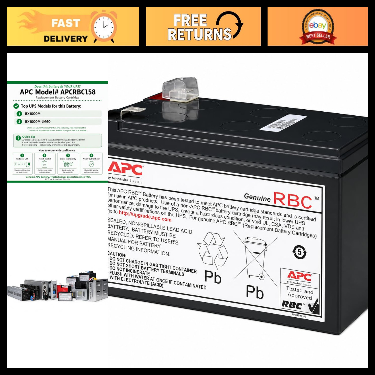 Replacement UPS Battery for Back-UPS BX1000M, APCRBC158, High Performance, Relia