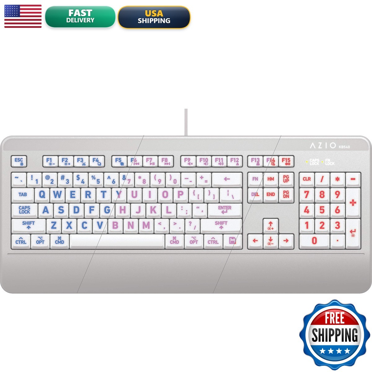 Azio KB540 - Large Print 3-Color LED Wired USB Keyboard, Washable, Waterproof