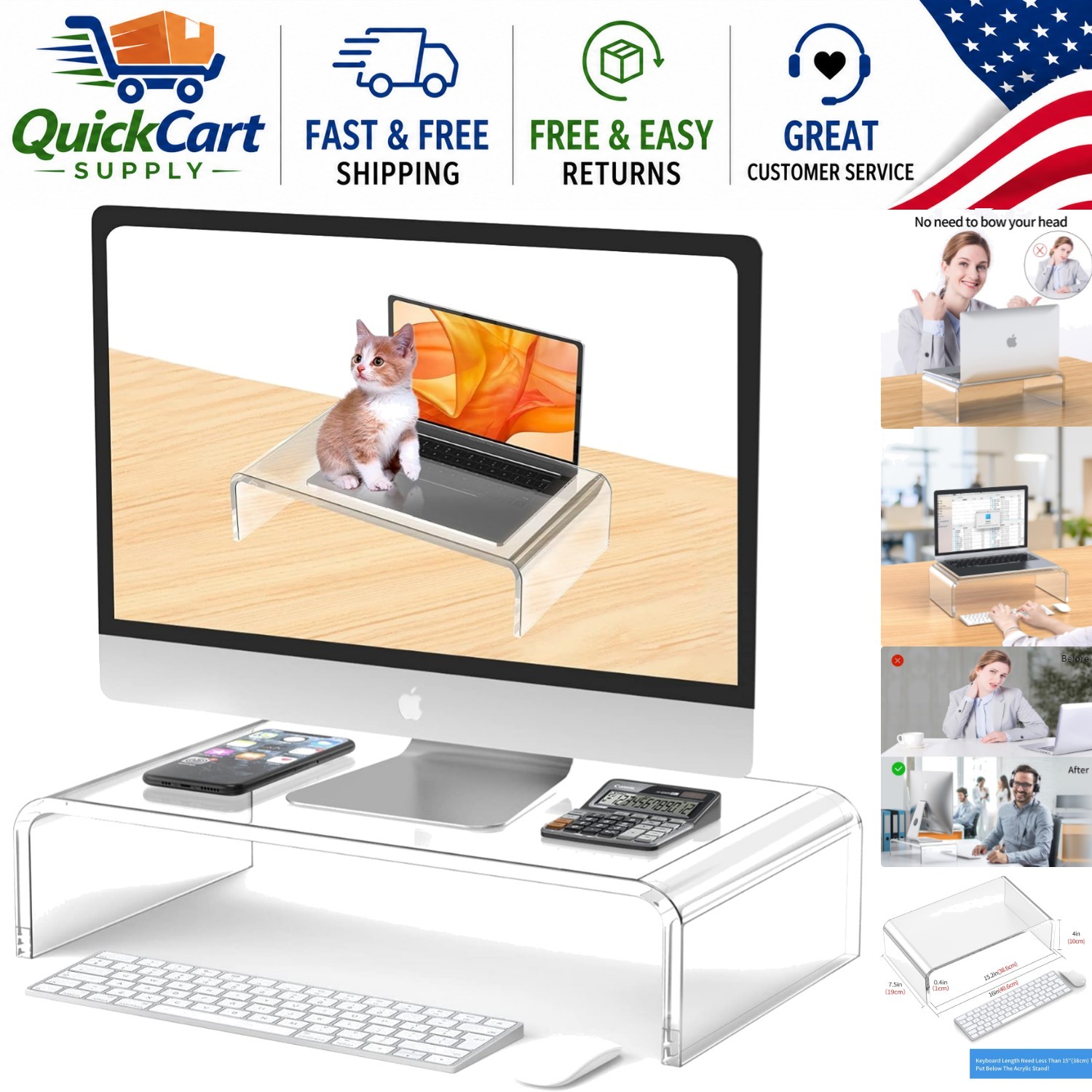 Clear Laptop Stand Riser – Heavy-Duty Acrylic Holder 16 x 7.5 x 4 Inches