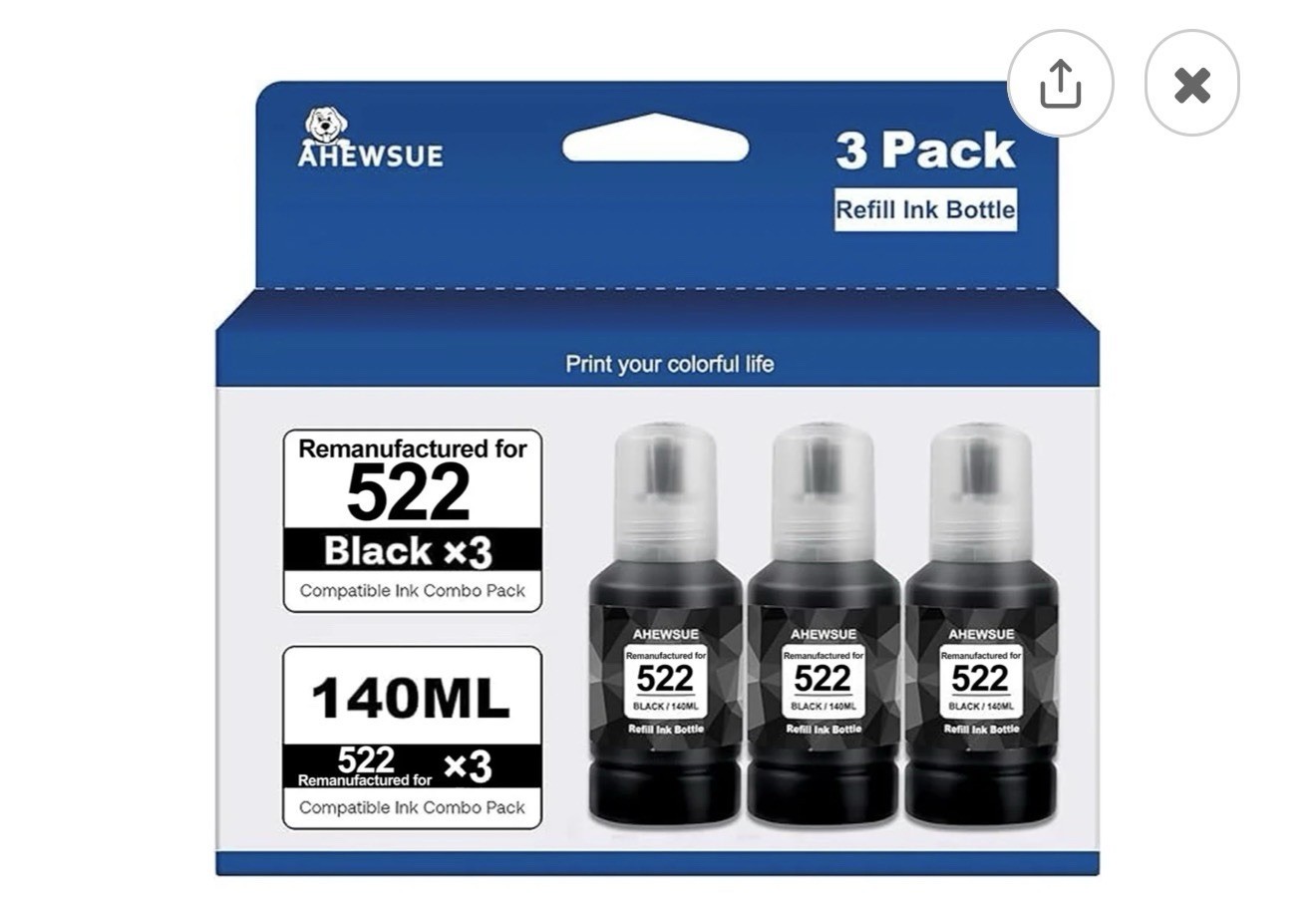Black 522 Ink Refill Bottles Replacement for T522 3pack 140ml Each