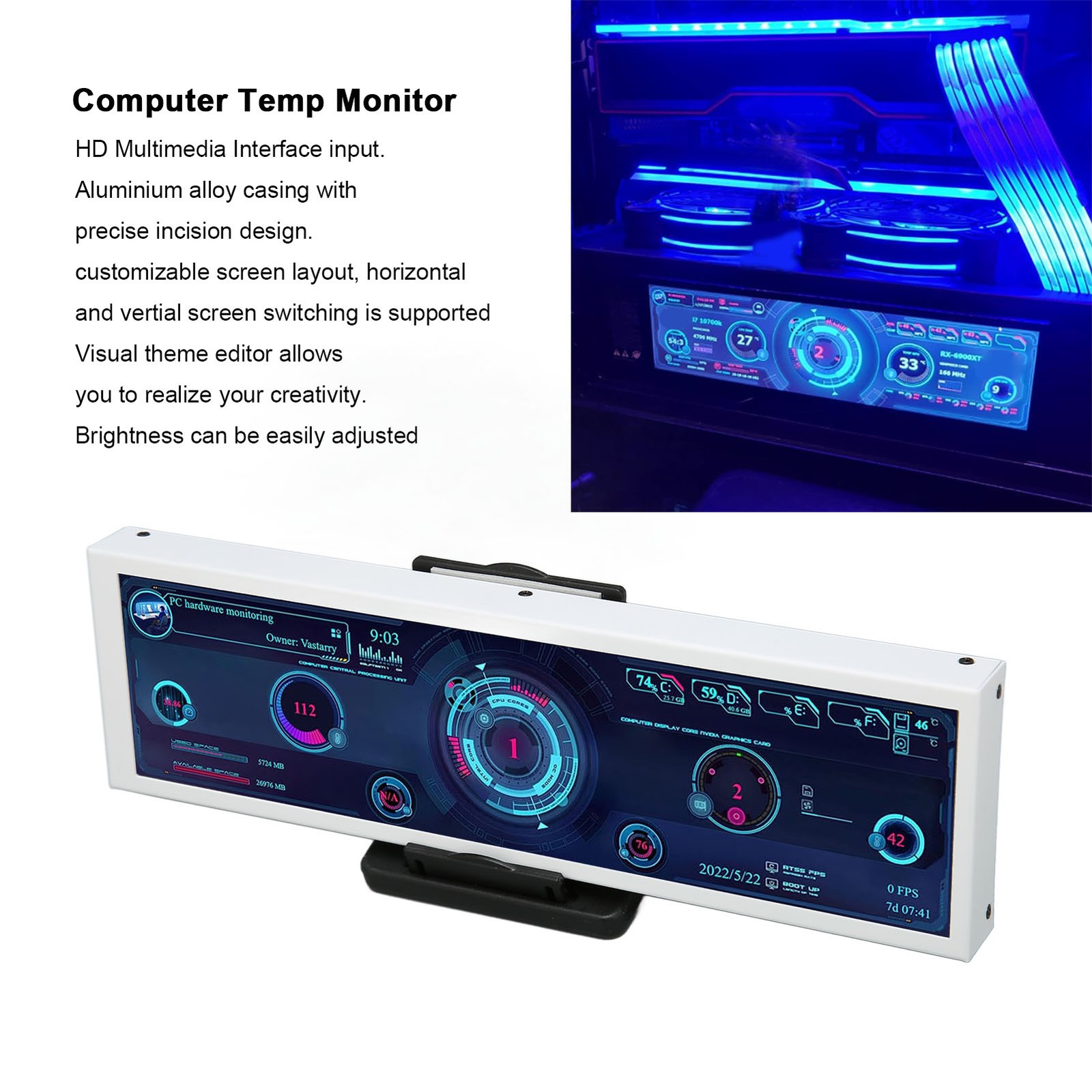 Computer Temp Monitor 8.8 Inch IPS Theme Editor Auto Off USB Power Multifun LYFM