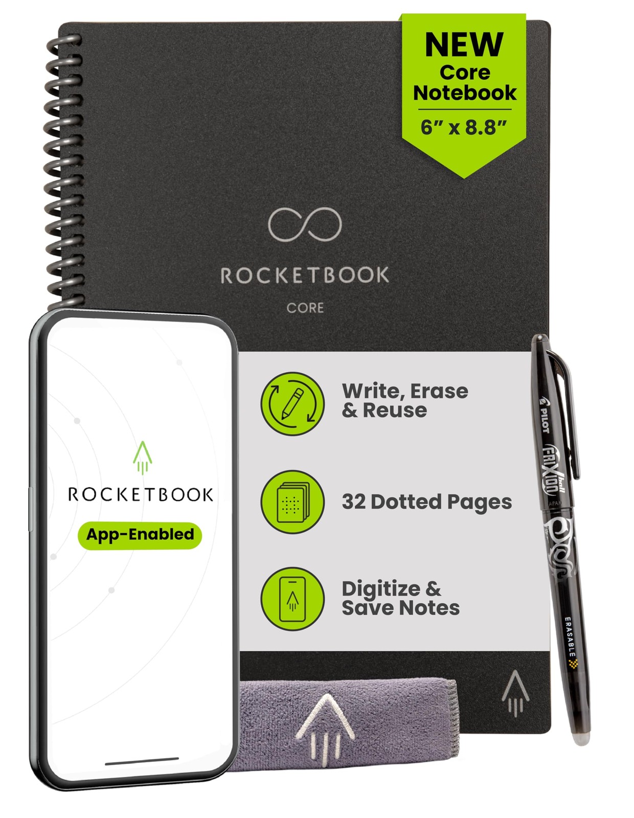 Reusable Smart Notebook Executive 6x8.8 Black Rocketbook Core Size