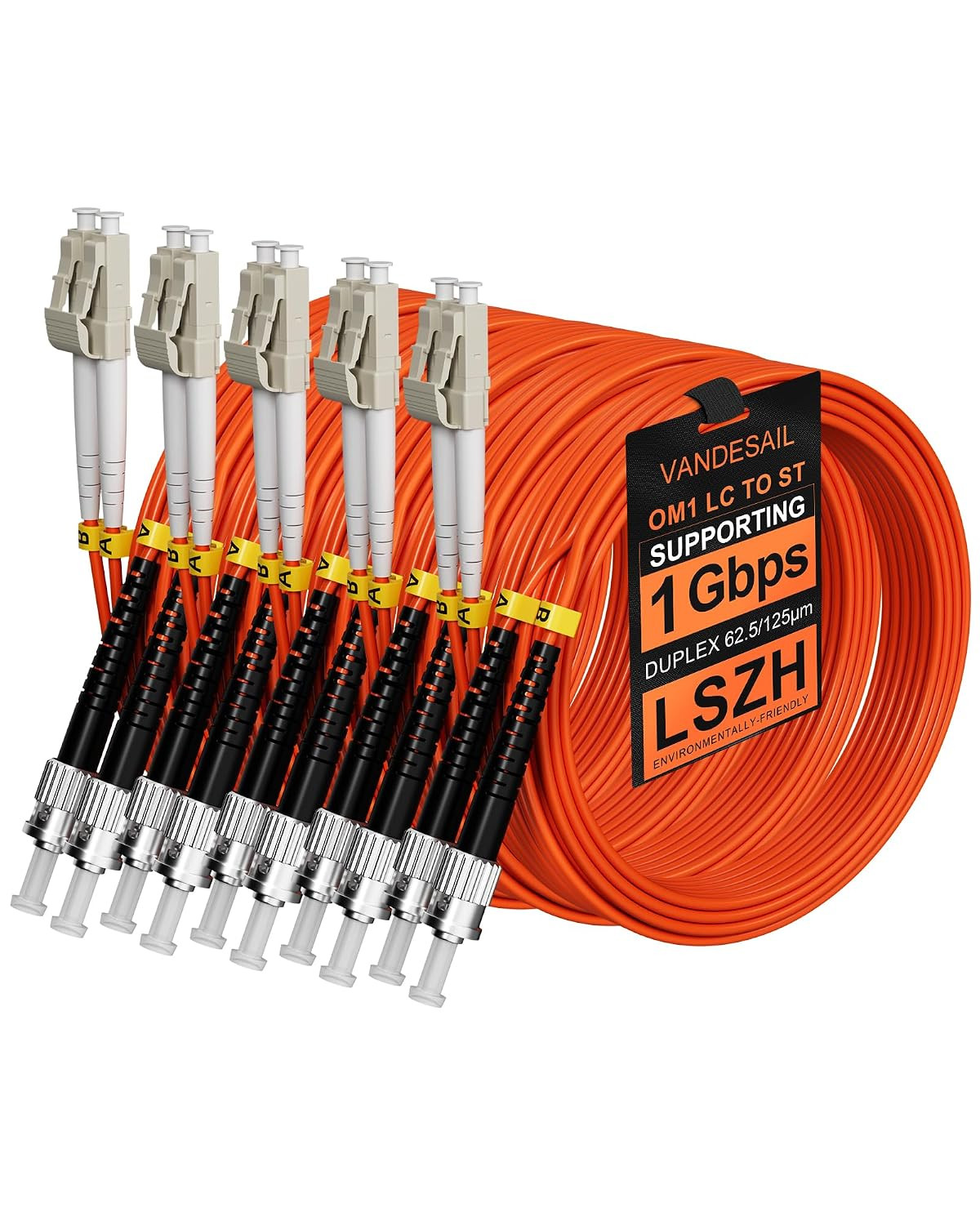 5 Pack 10M OM1 Fiber Patch Cable, LC to ST Cable