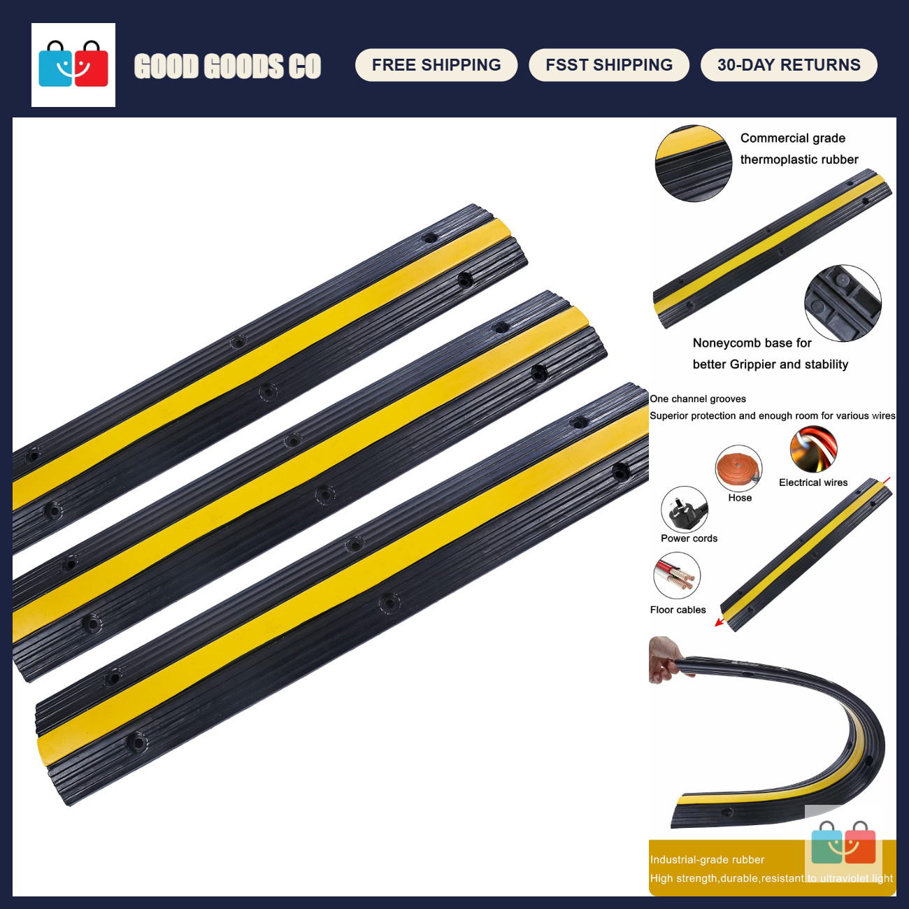 Heavy-Duty Rubber Cable Ramp Protector - 1-Channel, 22000Lbs Load, 3 Pack for Dr