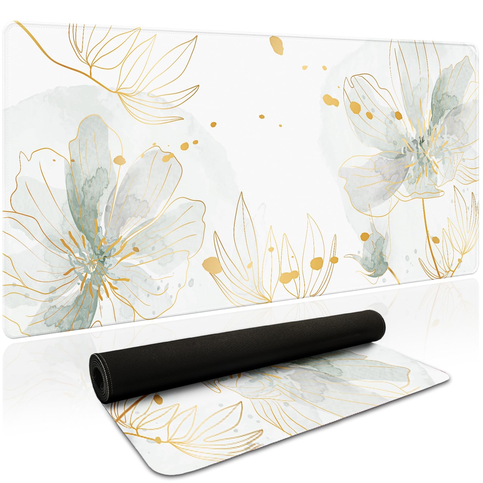 Green Desk Mat, Aesthetic Floral Large Mouse Pad, 35.4 x 15.7 Inch XXL Keyboa...