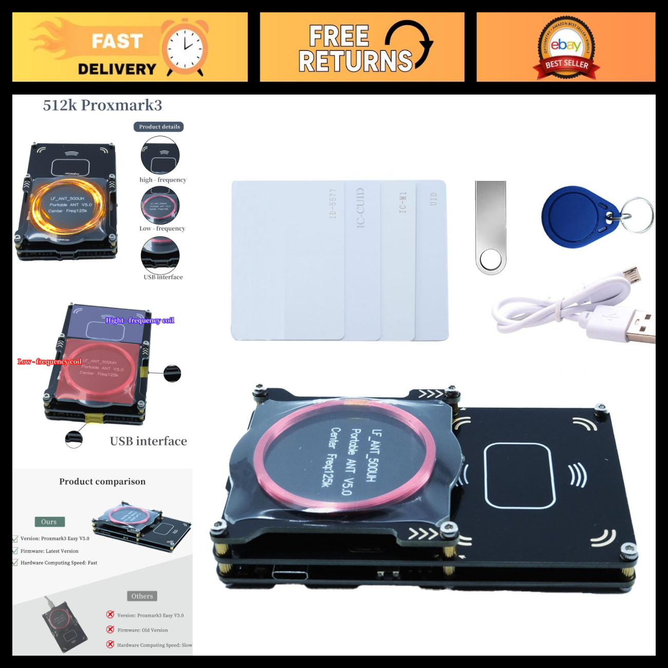 RFID Card Reader Writer Proxmark3 Easy V5.0, 512K Memory, NFC, Cloning Tool