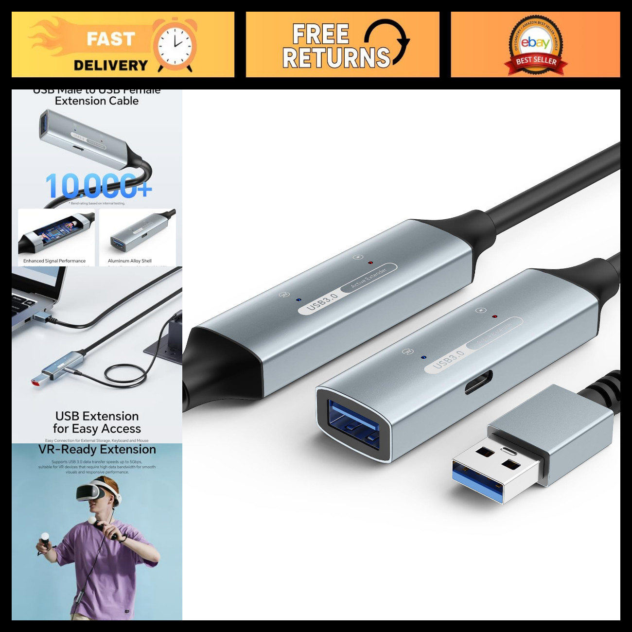 33ft USB 3.0 Active Extension Cable, 5Gbps Long USB Male to Female Extender for