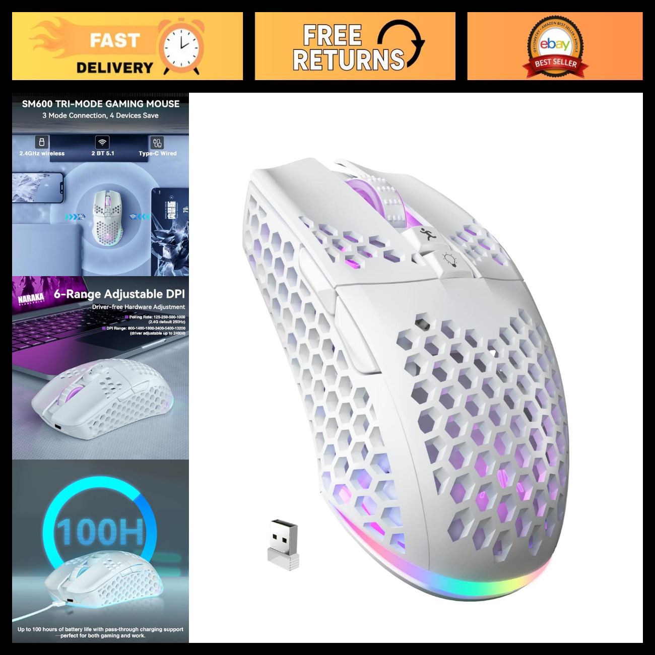 Wireless Gaming Mouse - Tri-Mode BT5.0, USB-C, 2.4G, RGB, Programmable Macro, 2