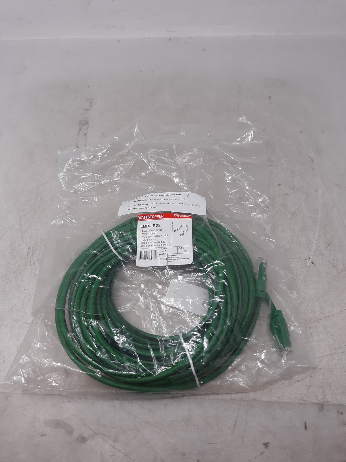 Legrand Wattstopper LMRJ-P35 35 ft Cat-5e Plenum-Rated RJ45 Cable – Green