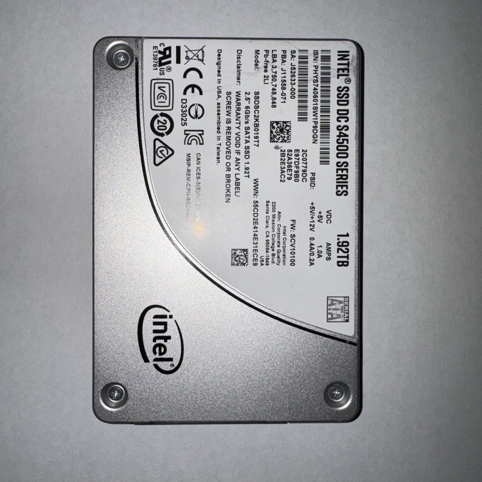 Intel DC S4500 Series 1.92TB 6Gbps 2.5 Inch SATA SSD SSDSC2KB019T7 97-99% health