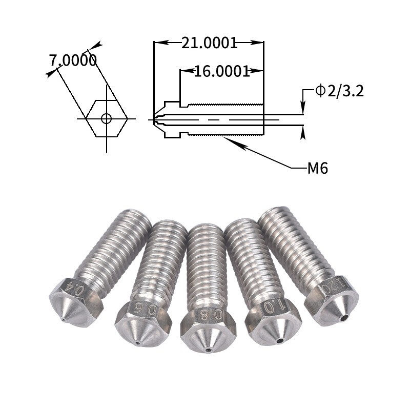 3D Printer Extruder Nozzle M6 0.2mm-1.2mm Filament 1.75/3mm Stainless Steel Long