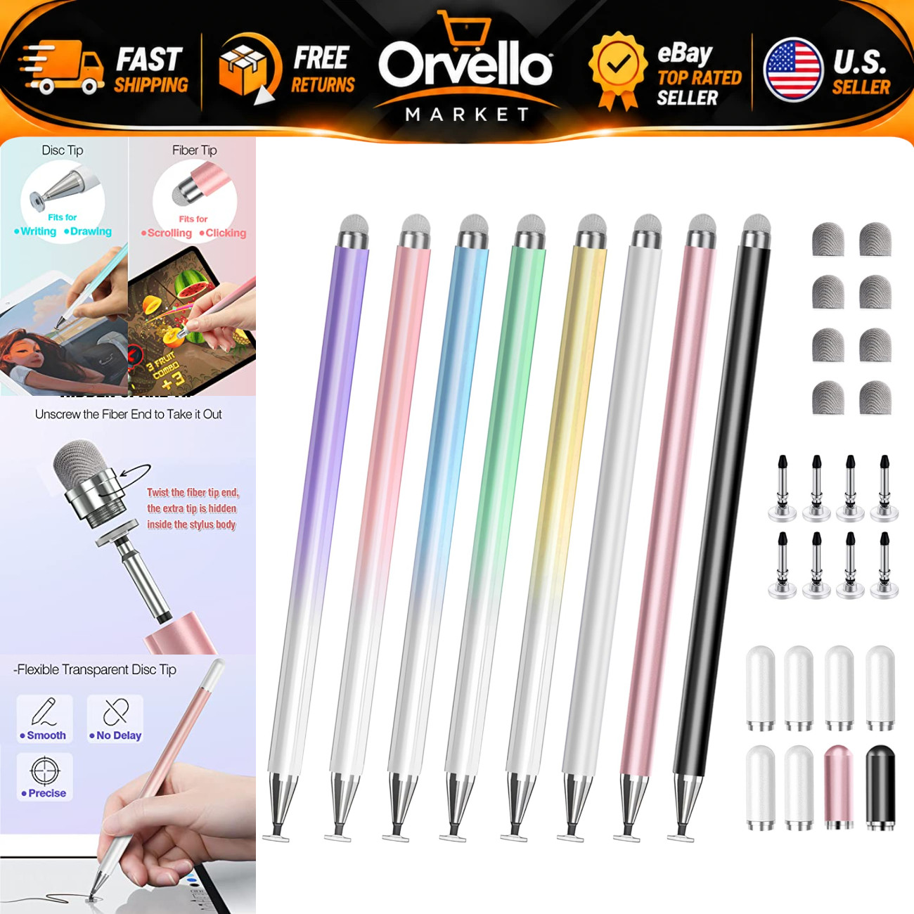 2-in-1 Touchscreen Stylus Pens, Fine Disc Tip for iPhone, iPad, Android, Tablets