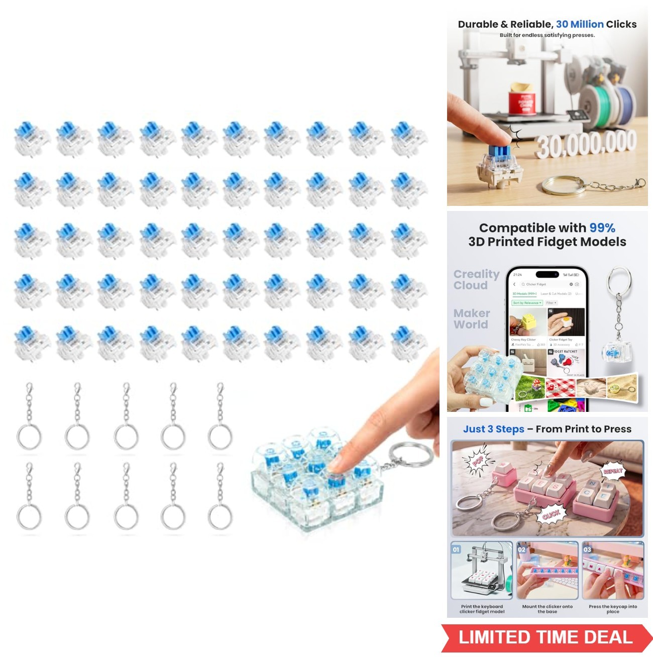 50 Pcs Blue Mechanical Keyboard Clickers MX Style Switches for 3D Printed