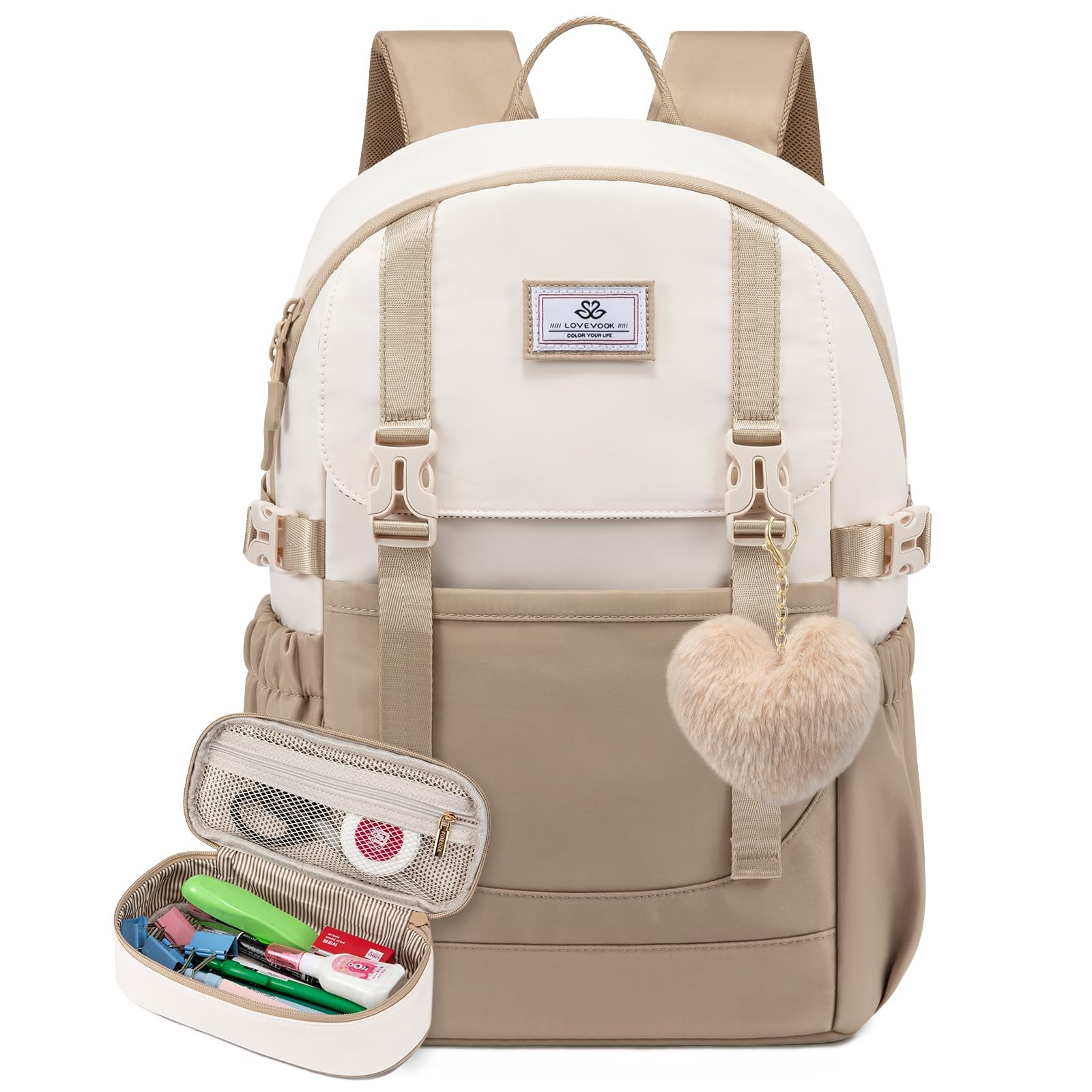 LOVEVOOK School Backpack for Teen Girls Middle High 15.6 inch, Khaki