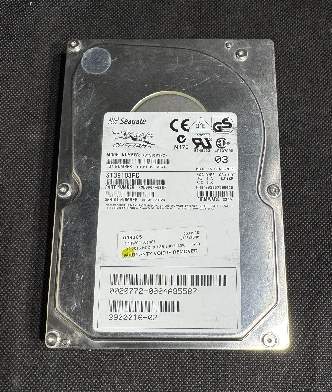 Sun 390-0016 9.1GB 3.5" 10K RPM Fibre Channel HDD, Seagate ST39103FC FC-AL