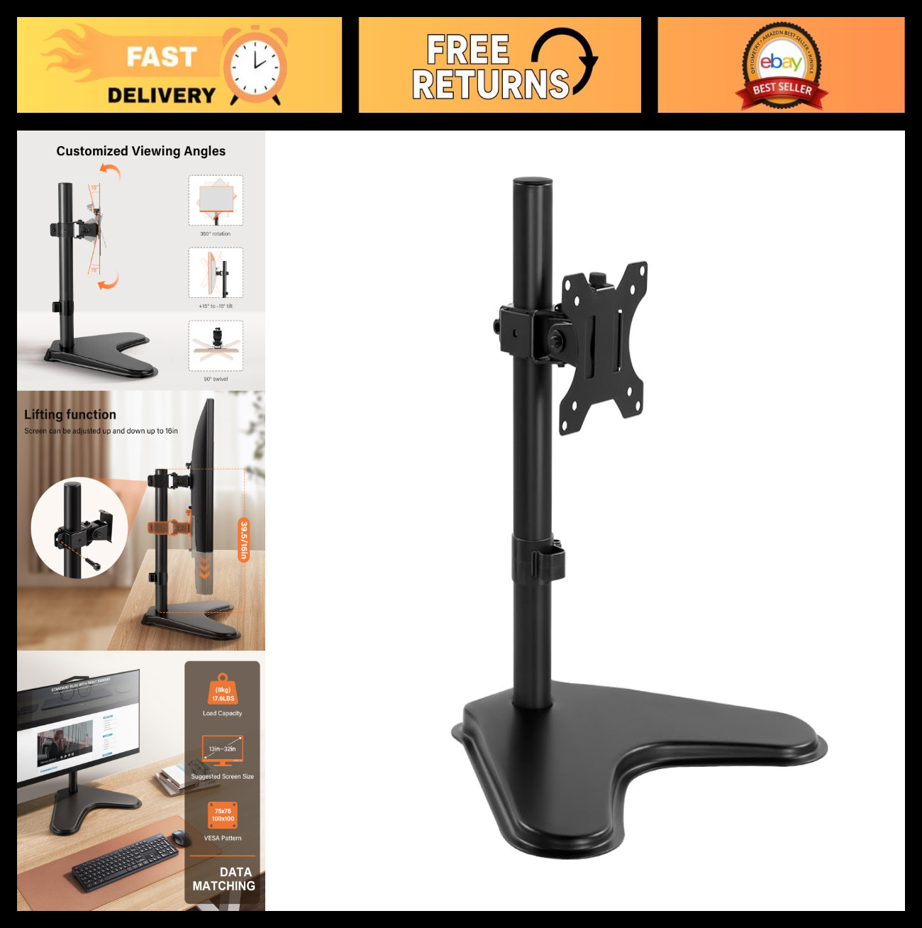 Height Adjustable Full Motion Monitor Stand - VESA Mount for 13"-32" Screens, Me