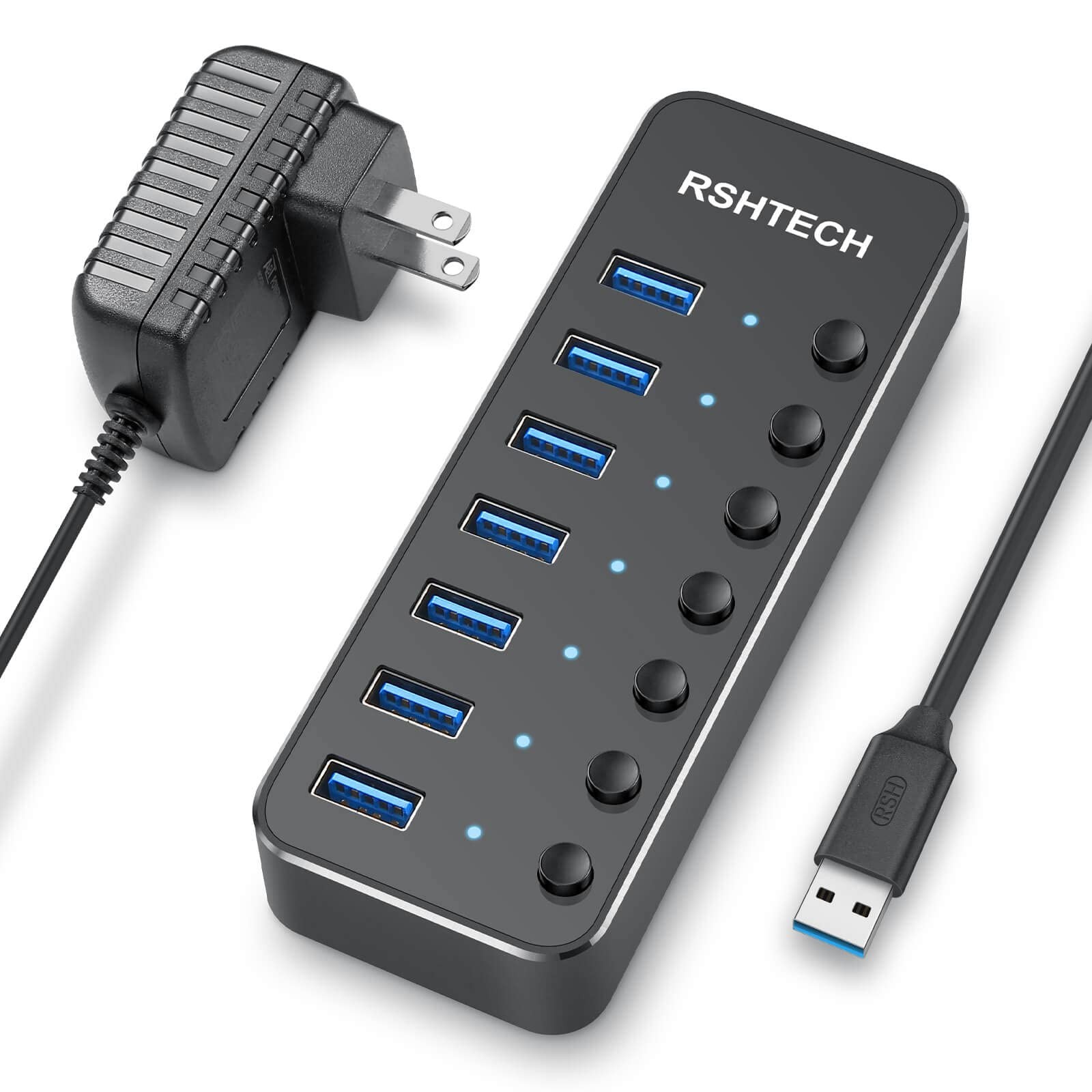 New Best USB 3.0 Hub, RSHTECH 7 Port Powered Hub Expander Aluminum Data hub with