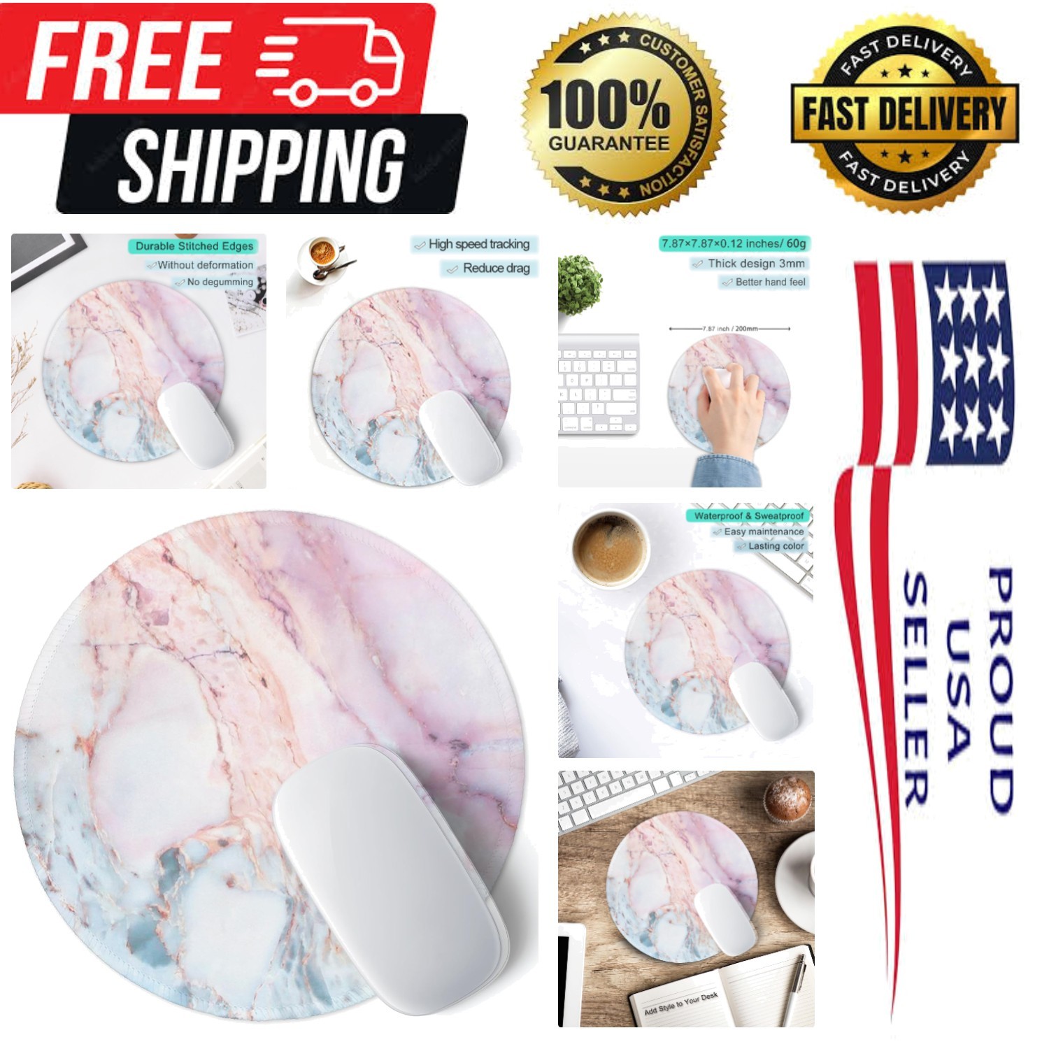 Marble Round Mouse Pad Pink Marble Customized -Textured Washable Desktop Prot...