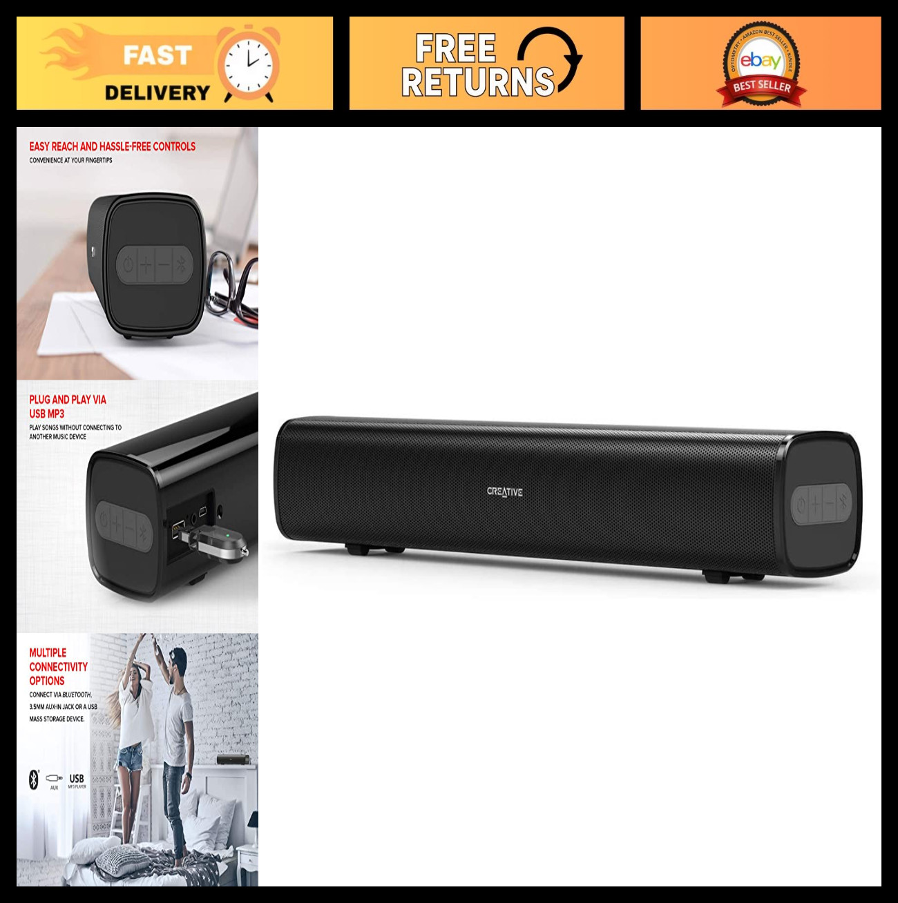 Portable USB-Powered Soundbar for Computer - Bluetooth, AUX-in, Dual-Driver, Big