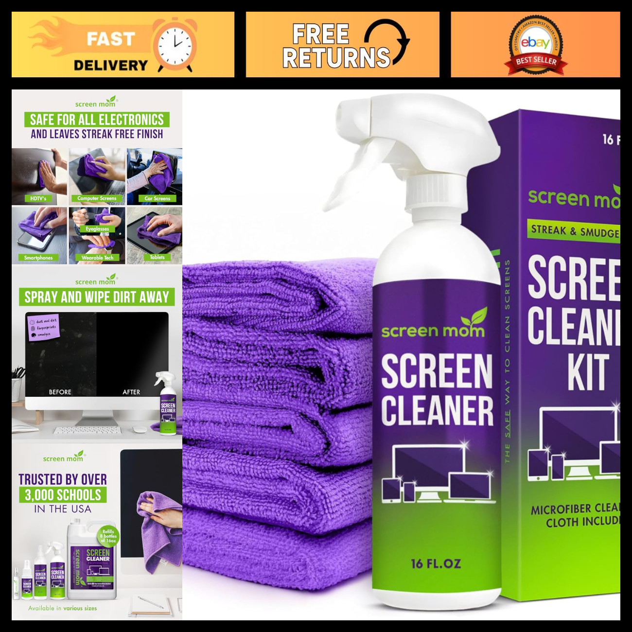 Screen Cleaner Spray & Microfiber Towel Bundle - 16oz Electronics Cleaning Kit f