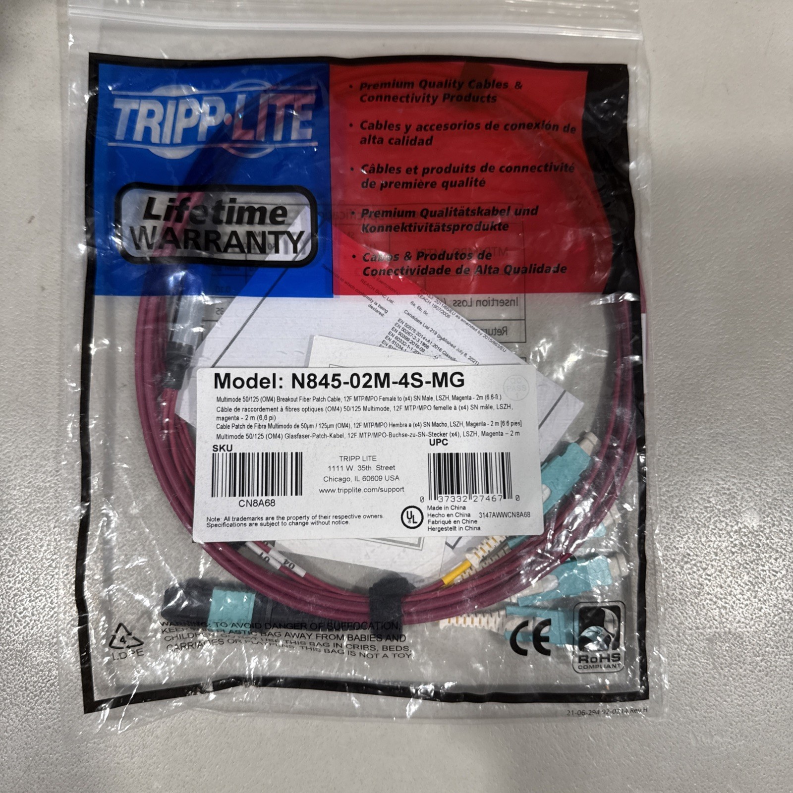 Tripp Lite Breakout Multimode Fiber Cable 400G 50/125 OM4, MTP/MPO-PC to 4X