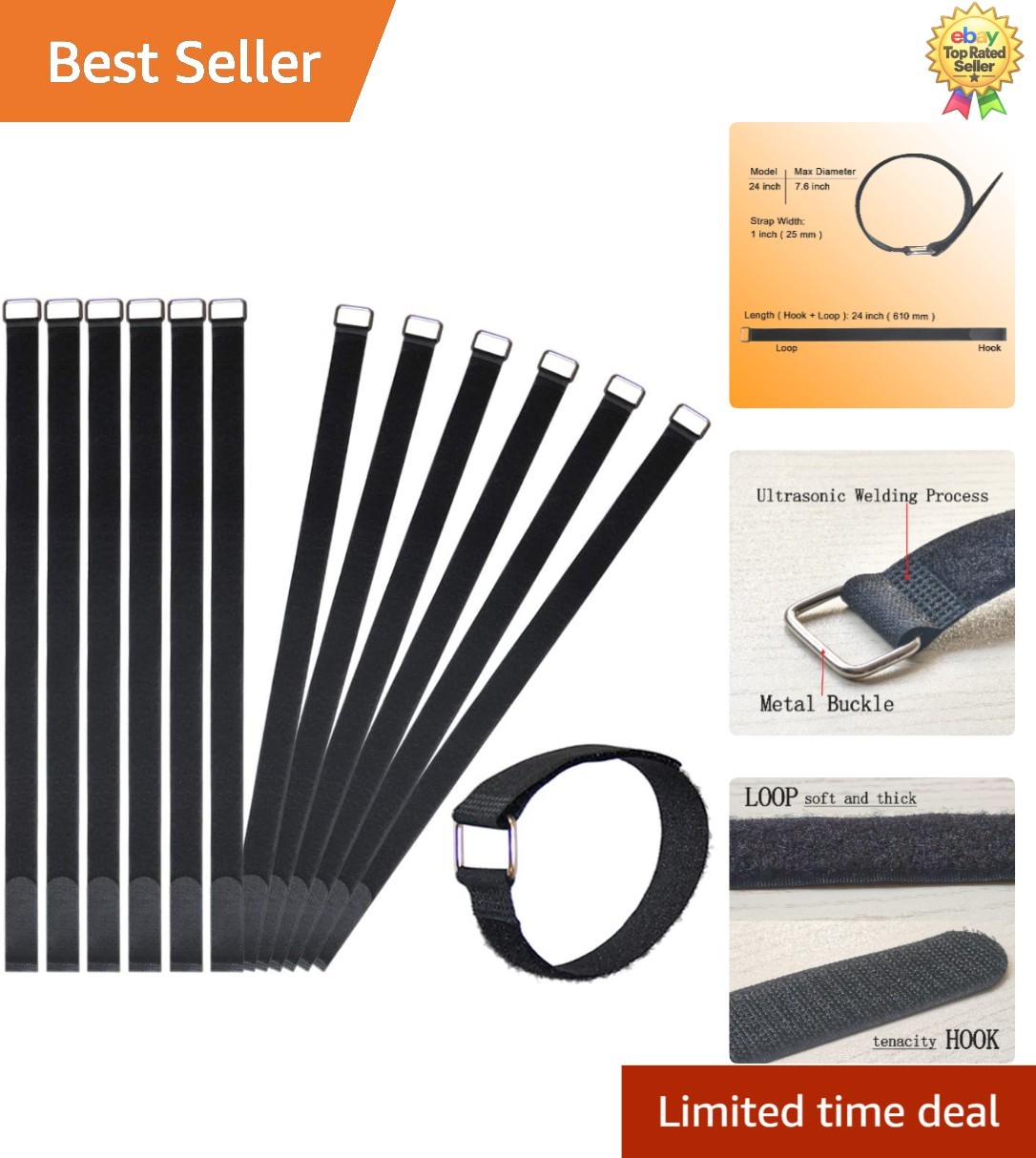 Effortless Cable Organization - 12 Reusable Hook and Loop Straps 24 Inches Long
