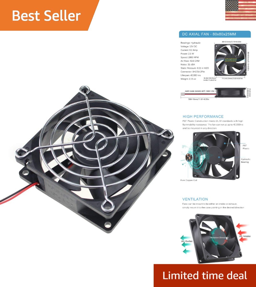 Durable 12V 80mm Brushless Fan with 2-Pin Connector - Ideal for Power Supplies