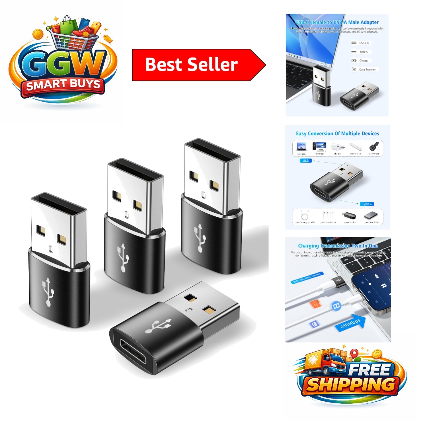 Compact USB to Type C Adapter Set - Durable 4-Pack for Perfect Connectivity