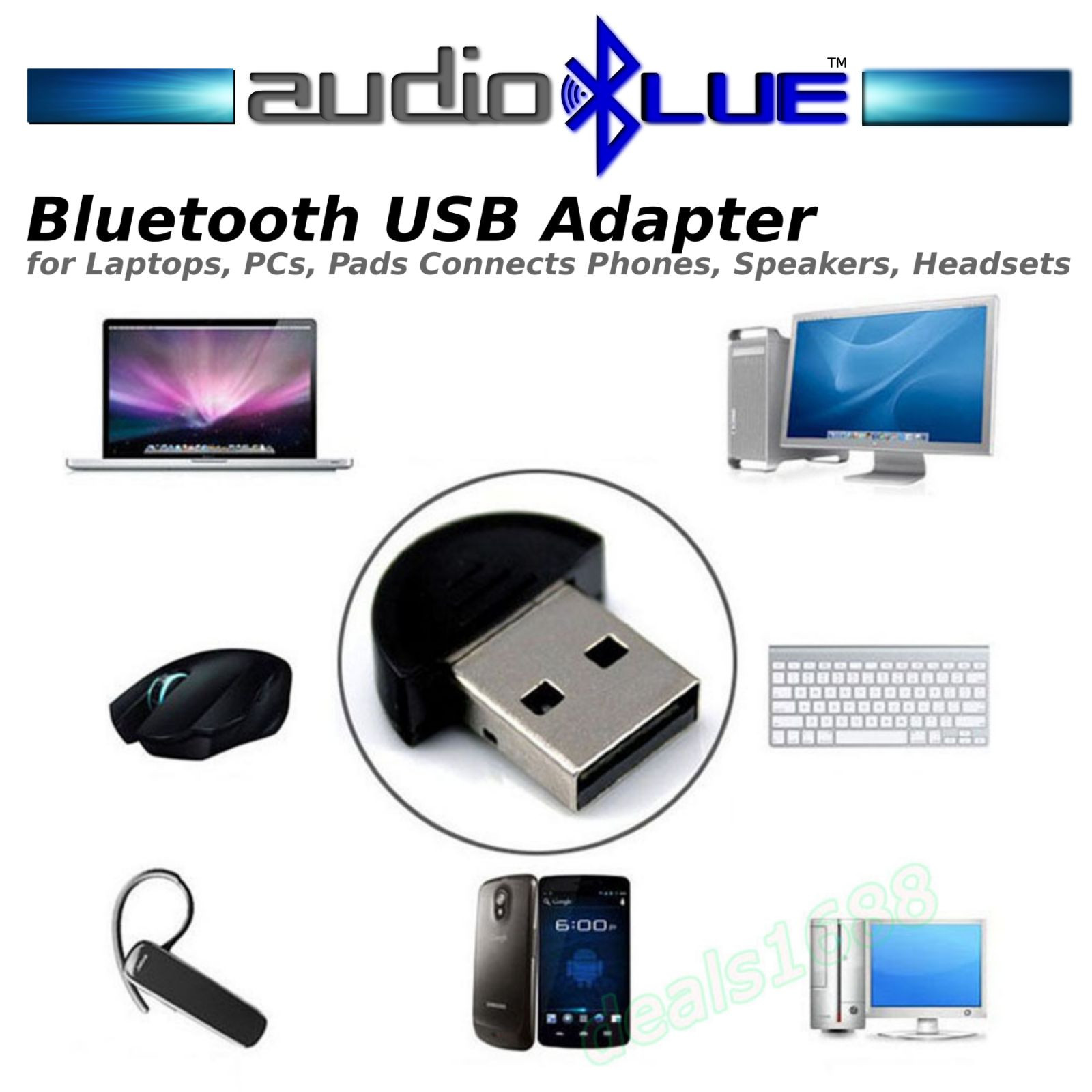 AudioBLUE- USB Bluetooth Mini Adapter-PCs Laptops Pads-Connect Speakers Headsets