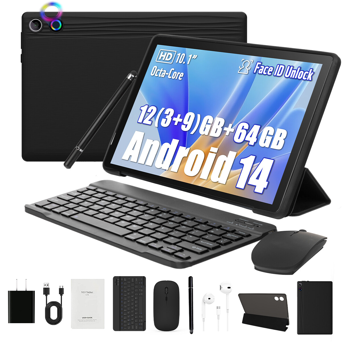 Urao 10.1" Android 14 Octa-Core Tablet 12GB+64GB With Keyboard/Mouse IPS Reading