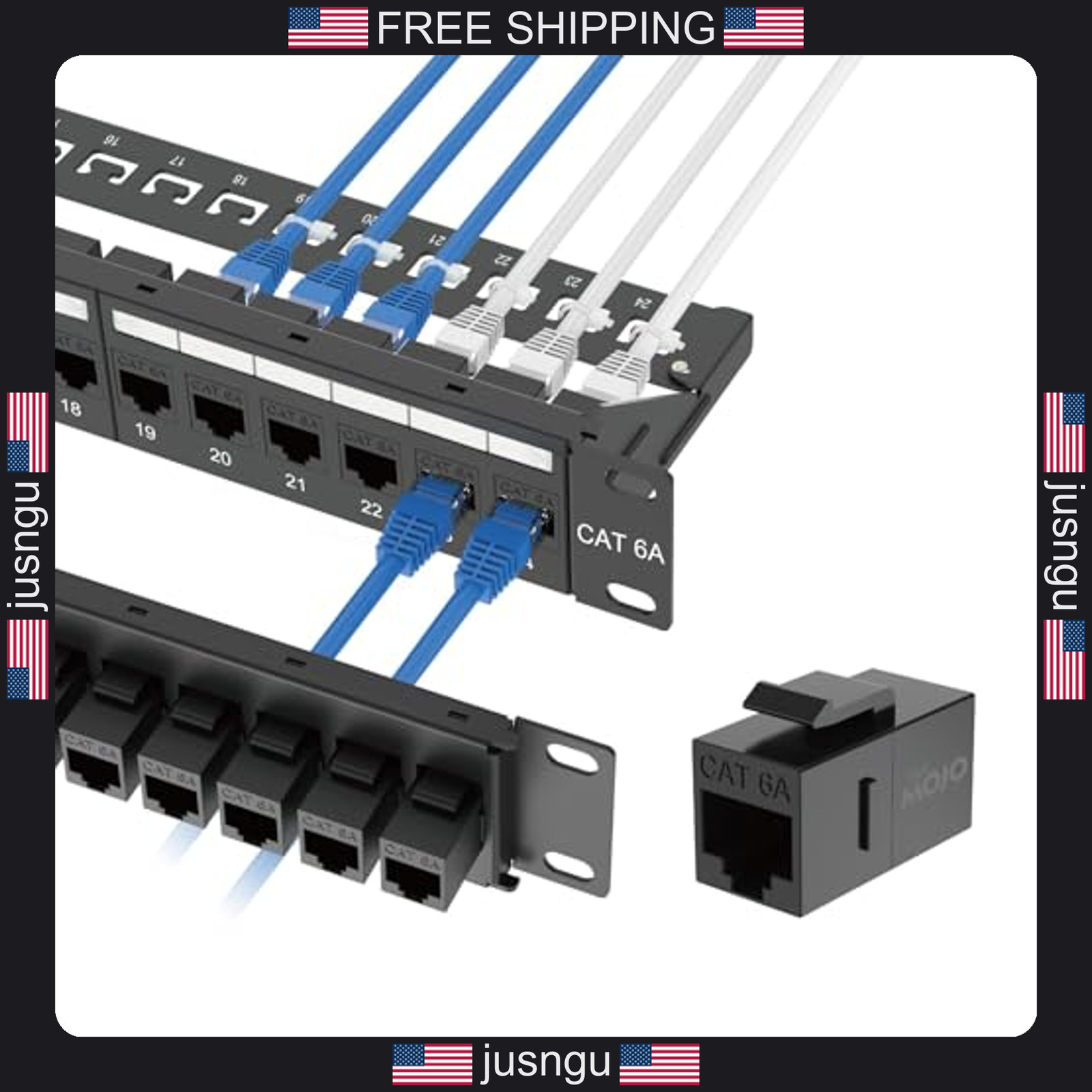 24-Port Cat6A Patch Panel with RJ45 Keystone Couplers for Network Setup