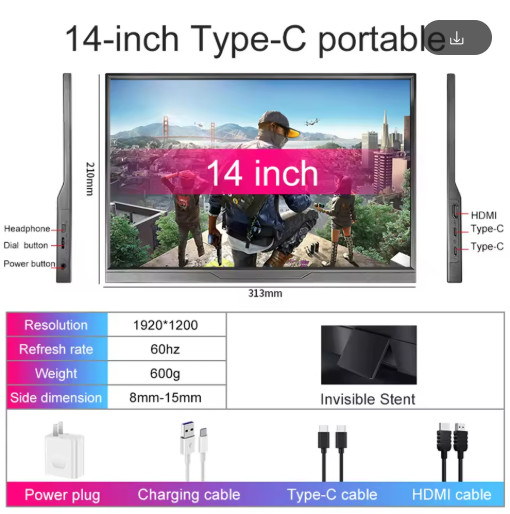 14 Inch Portable Touch Monitor 1200P IPS USB-C HDMI Second Screen