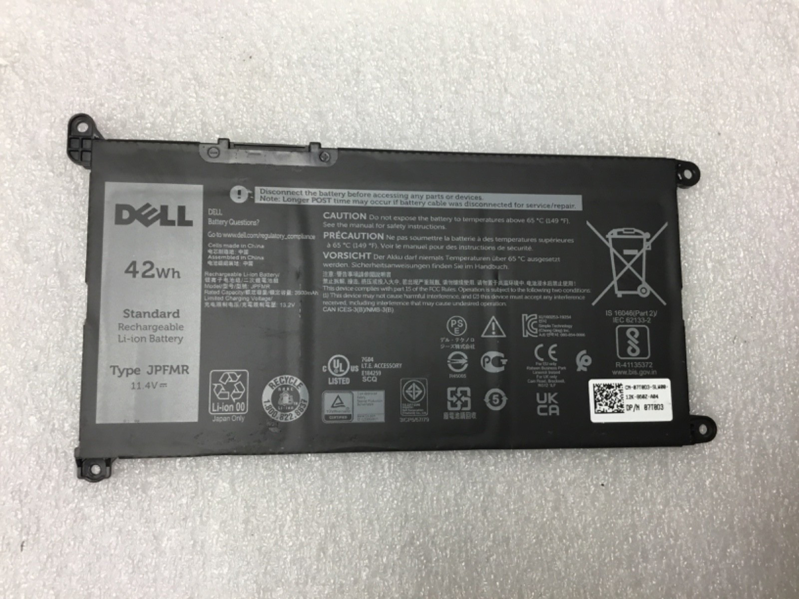 Dell 42wh Standard Rechargeable Li-ion Battery Type JPFMR Bt8