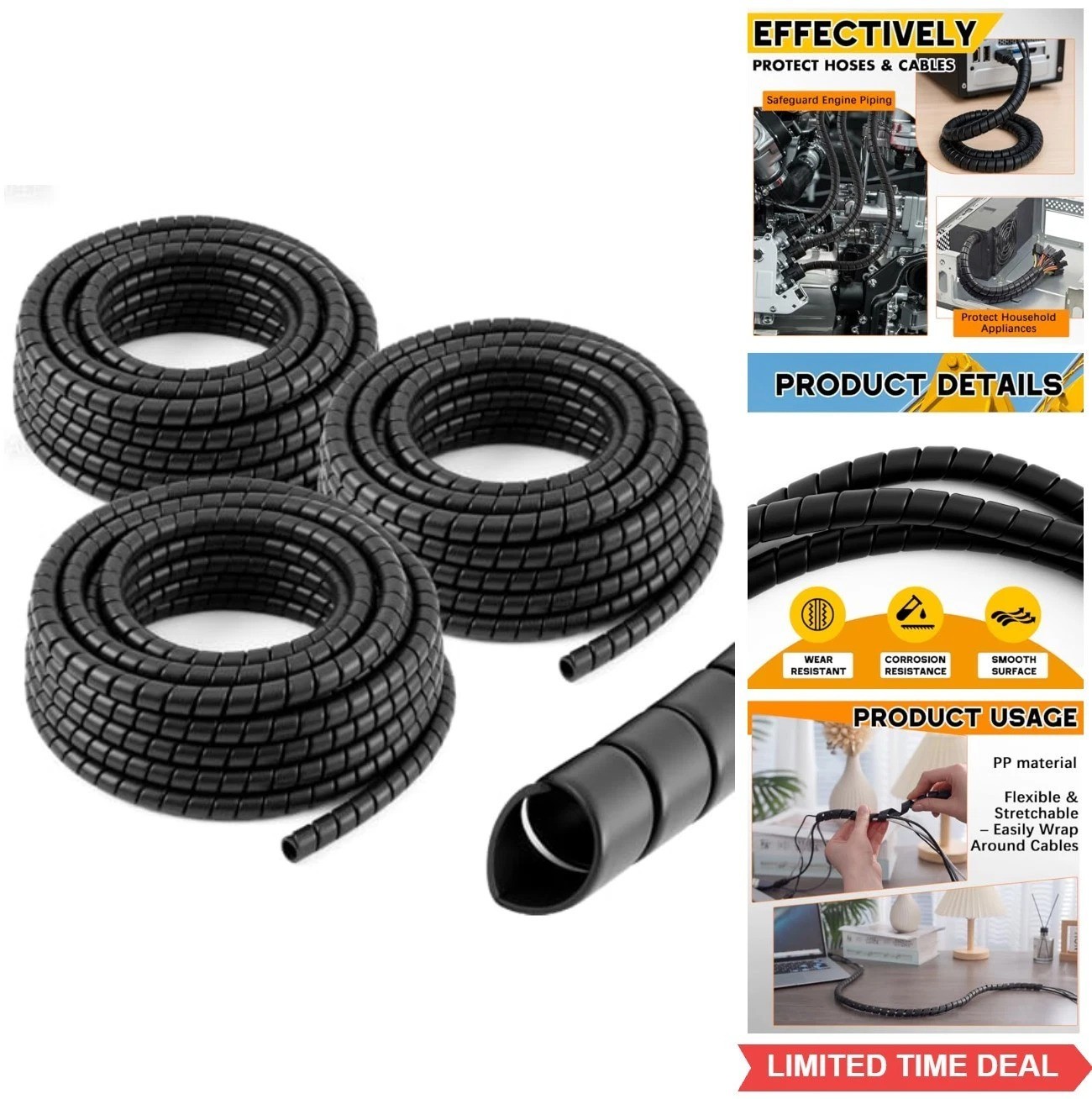 Spiral Wrap Cable Protector 3 Pcs 1/4 1/2 3/8 In 25 Ft Hydraulic Hose Guard