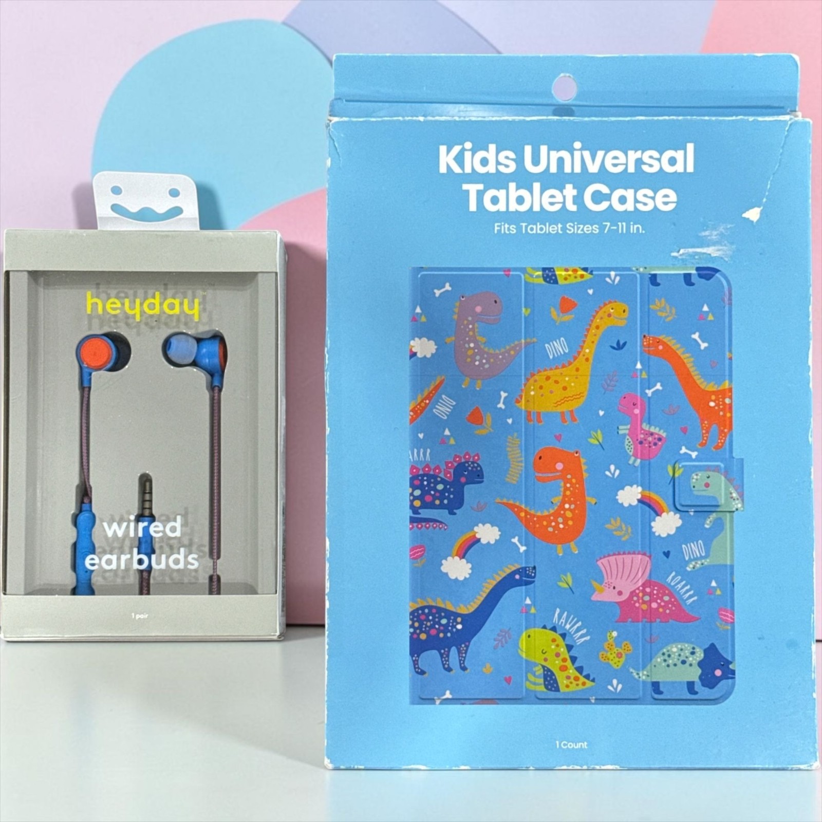 Heyday Wired Earbuds & Kids Universal Tablet Case With Dinosaur Design Fits 7-11