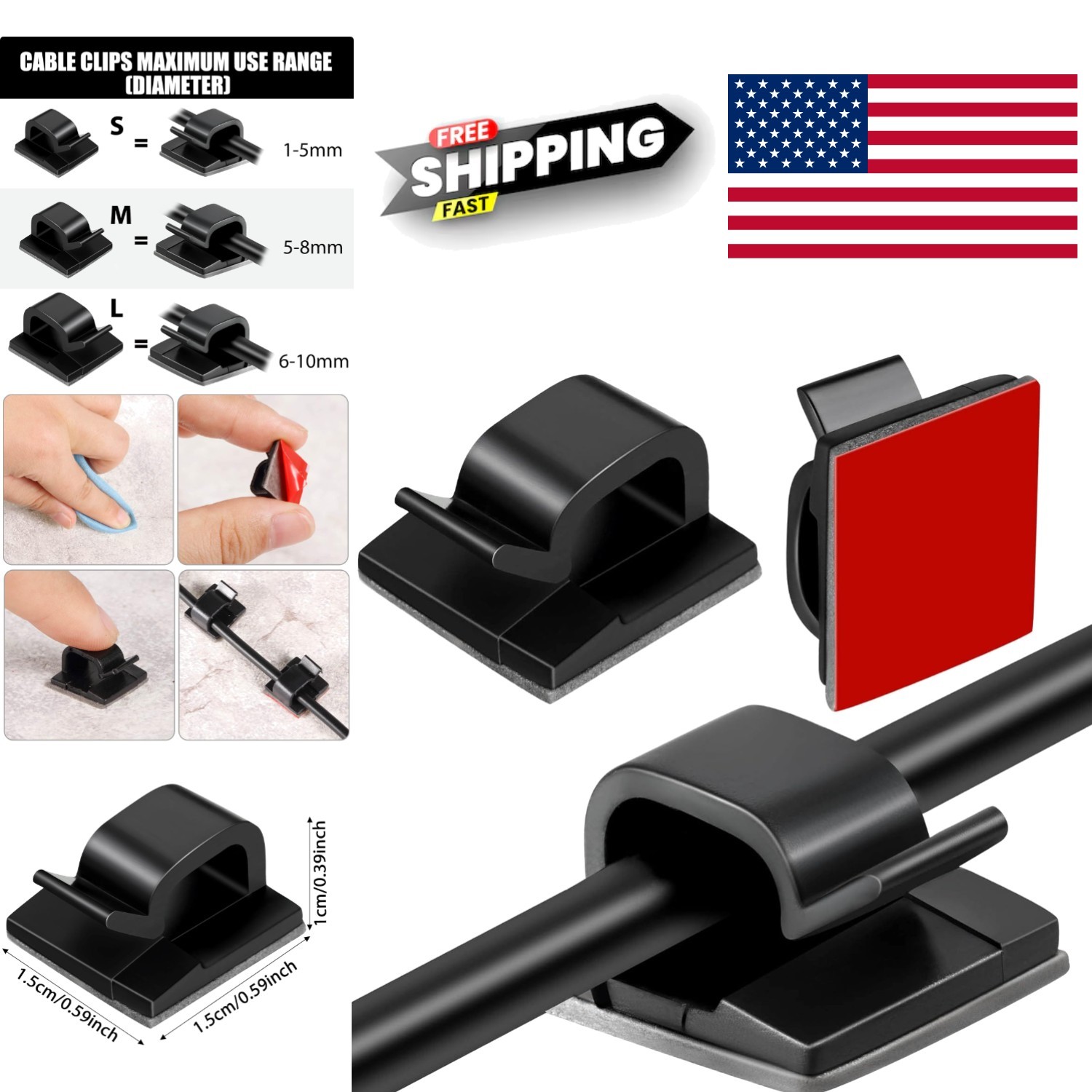 Small Adhesive Cable Clips 60 Count Black for Cord Management on Smooth Surfaces