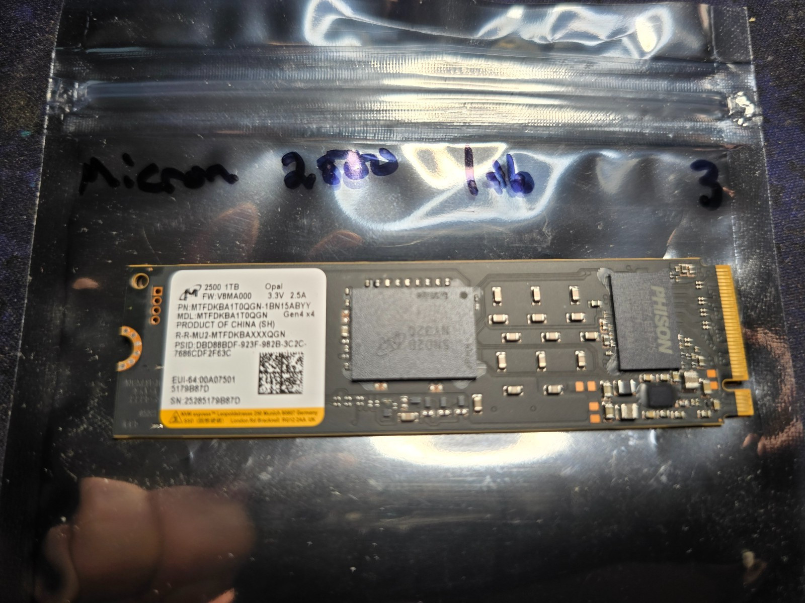 Micron 2500 1TB M.2 2280 NVMe PCIe Gen4x4 SSD MTFDKBA1T0QGN OpenBOX 100% Health