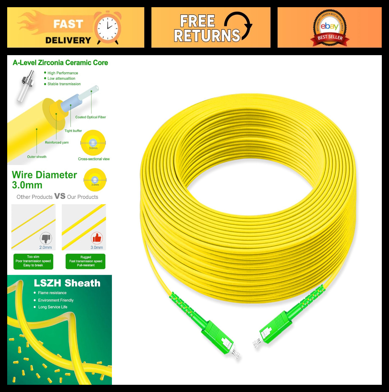 30M Fiber Optic Patch Cord SC APC to SC APC, Simplex Single Mode OS2 9/125μm Cab