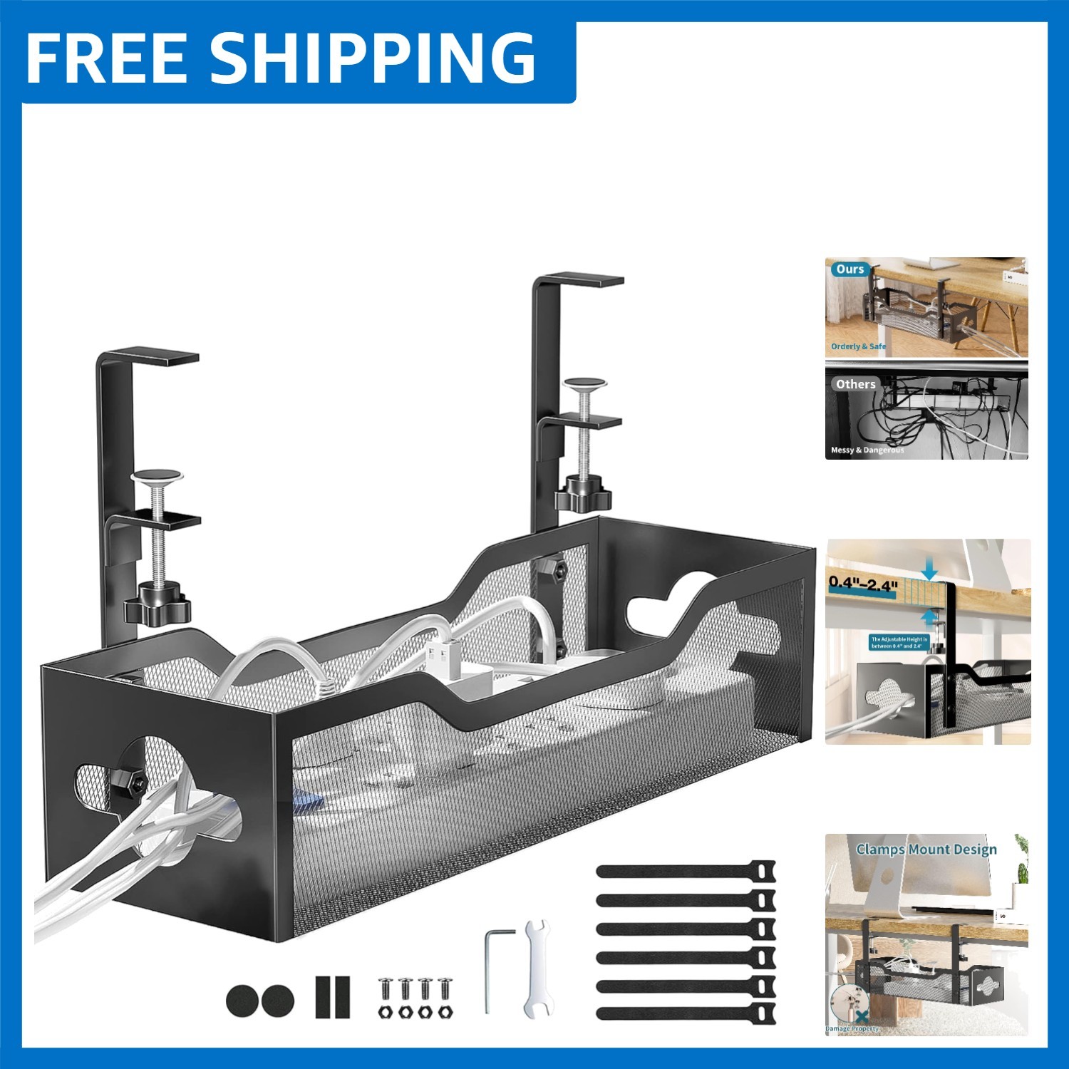 Space-Saving Wire Management Tray for Standing Desks - Easy Clamp Installation