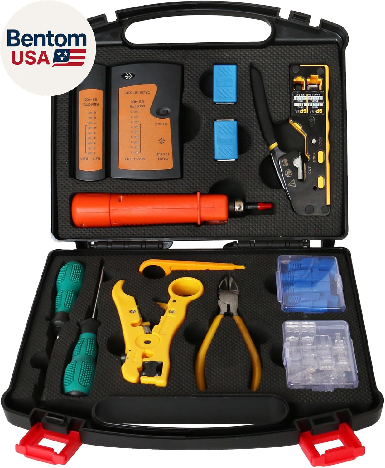 Network Tool Kit, 12 in 1 Professional RJ45 Crimp Tool Kit Pass through Crimper