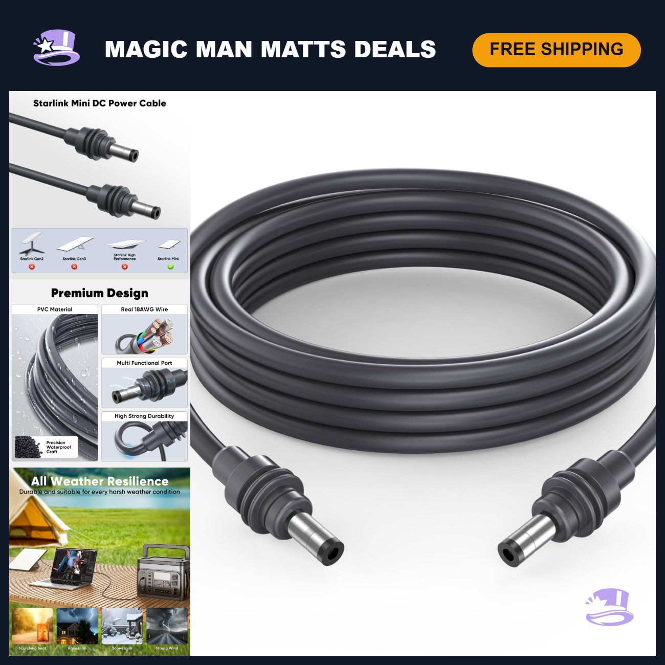 6.5FT Replacement DC Power Cable for Starlink Mini - High-Quality, Durable, Fast