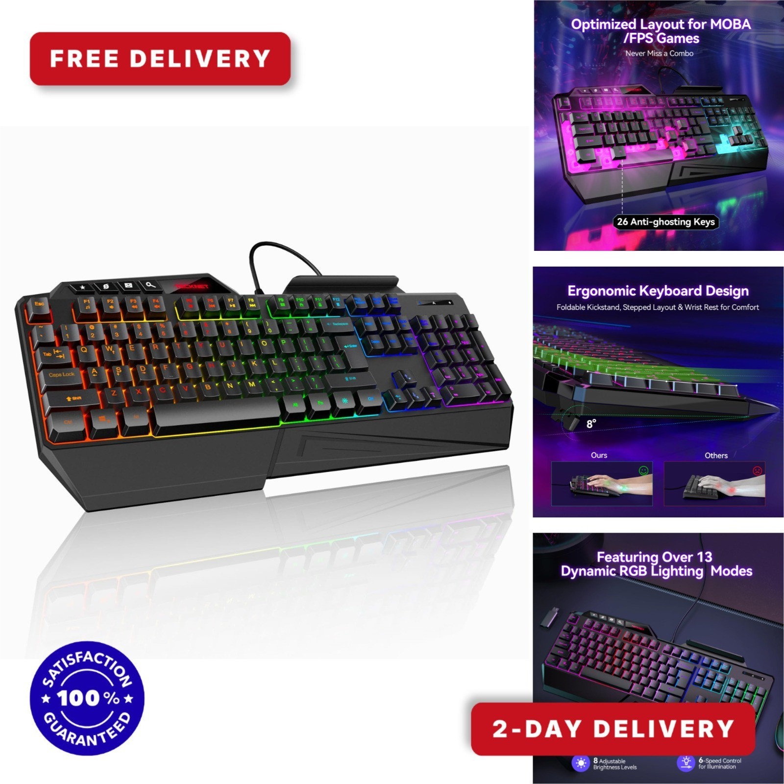 TECKNET Wired RGB Gaming Keyboard - Spill-Resistant, 108 Keys, Ergonomic