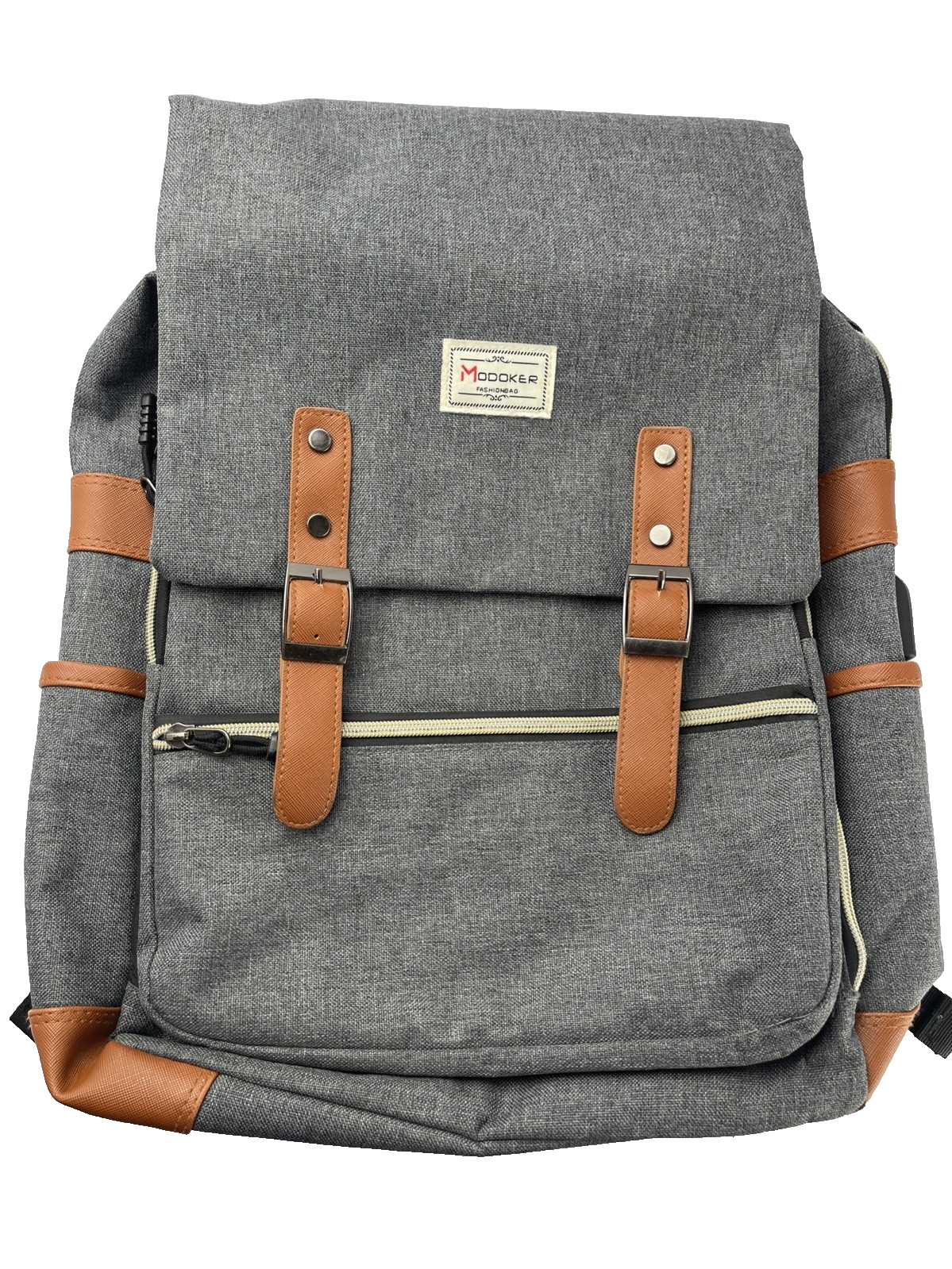 Modoker Grey Laptop Backpack School College USB Port Fleece Pocket Men Women VTG