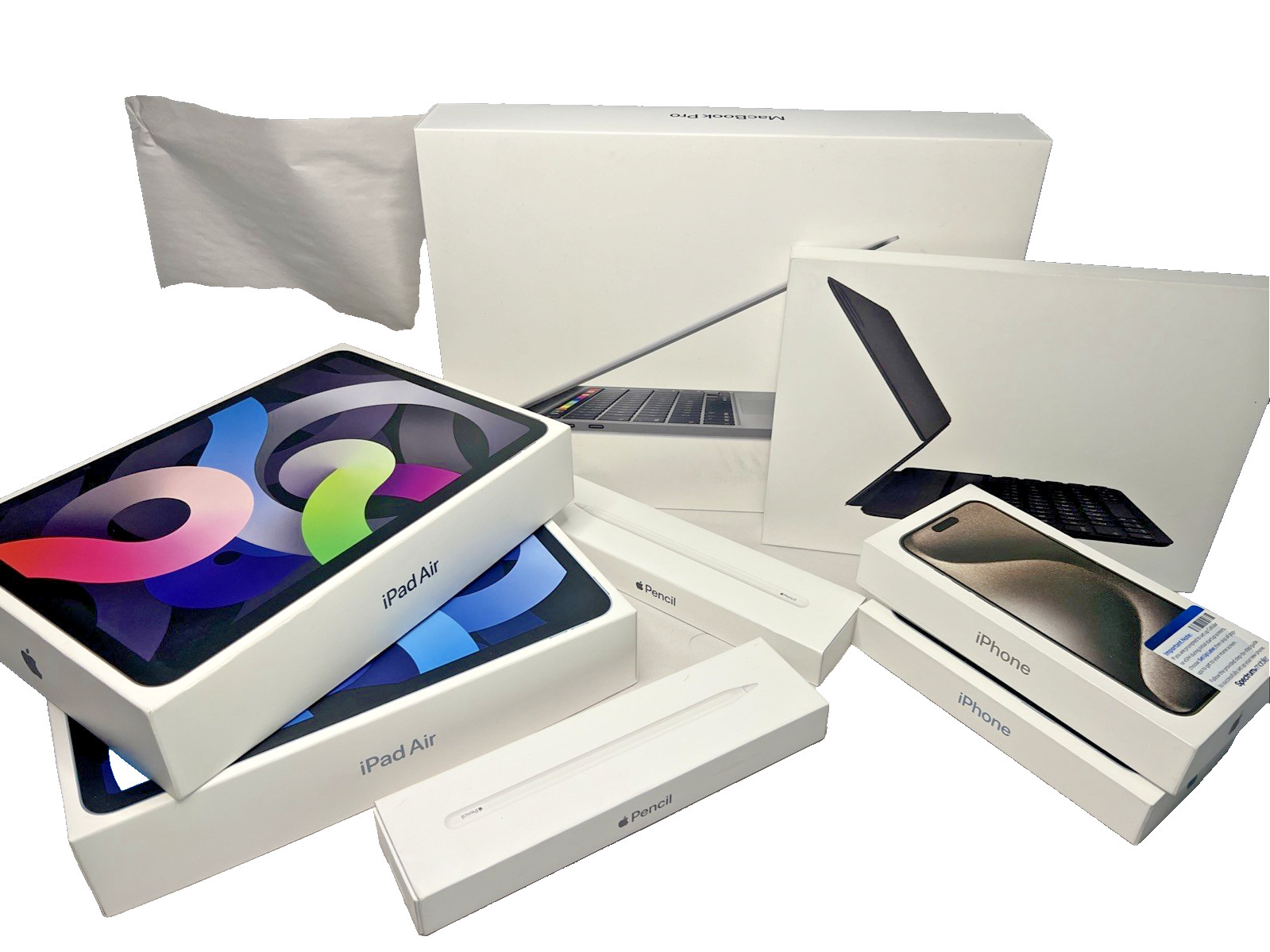 8 Apple/Mac empty boxes 1 MacBook Pro, 2 iPad Air, 2 pencil 2 iPhones 1 Keyboard