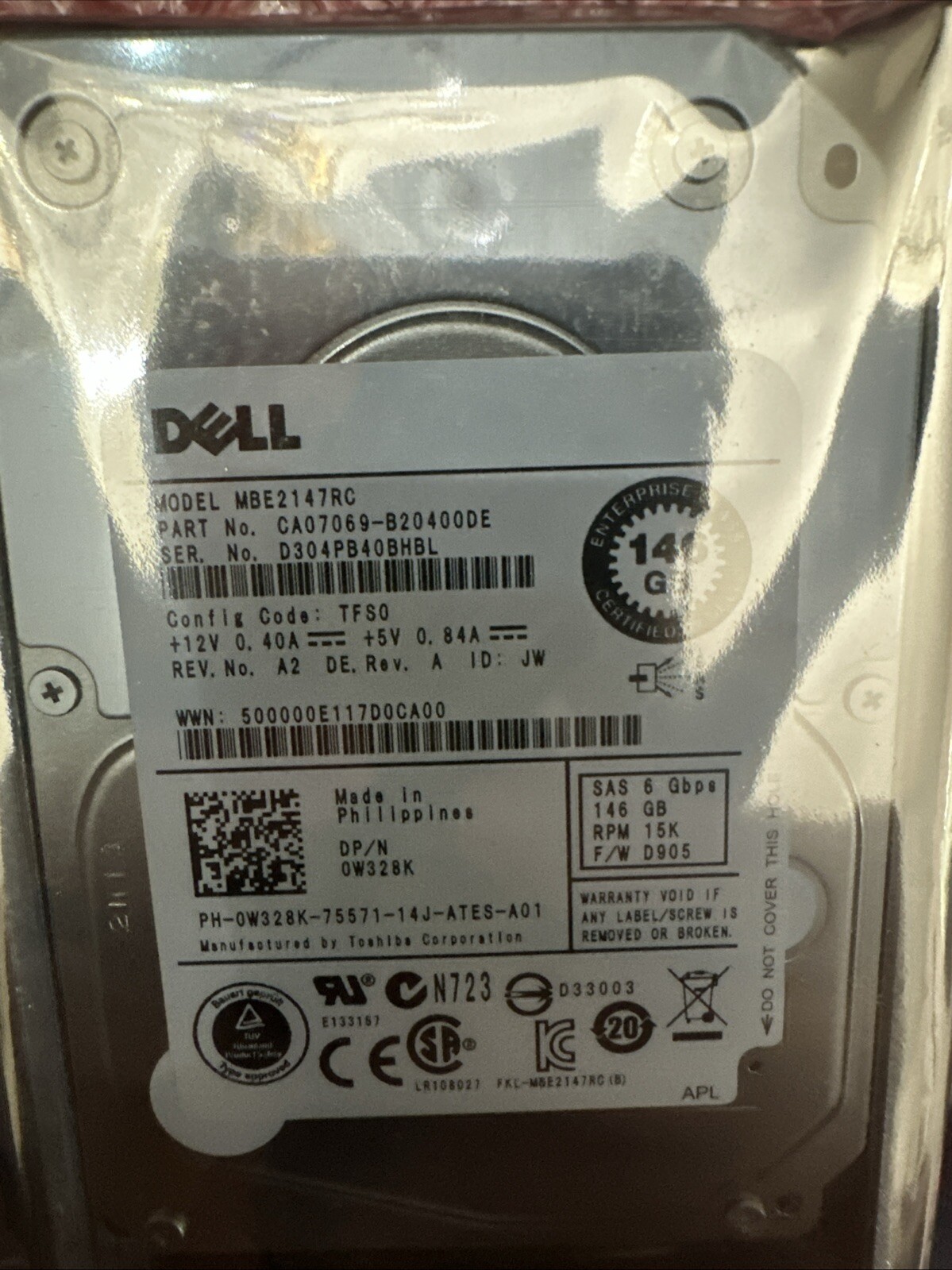 Dell MBE2147RC W328K 146 GB SAS 6 Gbps 15k HDD ~4" Hard Drive w/ Mounting Caddy