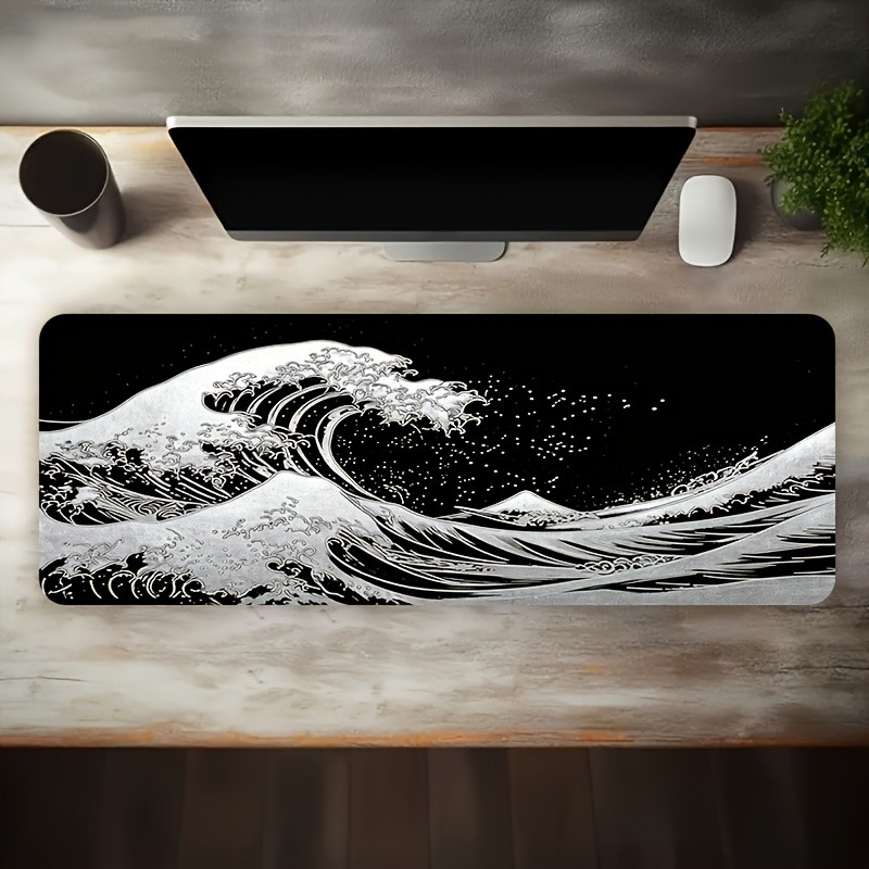 1pc Large Japanese Wave & Mount Fuji Gaming Desk Mat - Non-Slip Rubber Base Ov